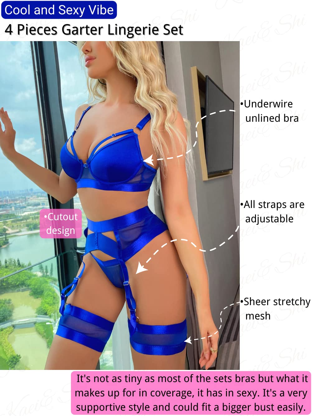 Garter Lingerie for Women,Sexy Lace Lingerie,Sheer Matching 4 Piece Lingerie Set: 16 Royal Blue
