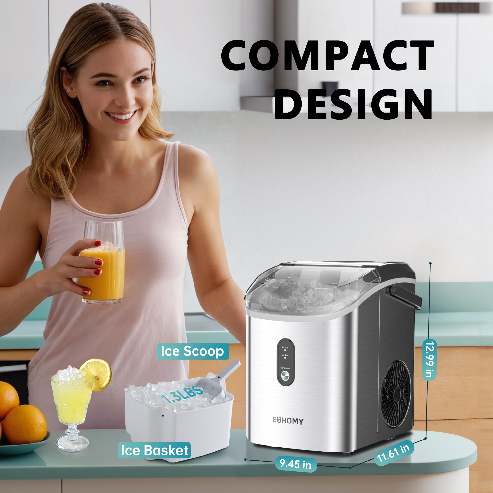 EUHOMY Nugget Ice Maker Countertop with Handle, Ready in 6 Mins, 34lbs Per Day, Removable Top Cover, Auto-Cleaning, Portable Sonic Ice Maker with Basket and Scoop, for Home/Party/RV/Camping (): Steel Light Silver