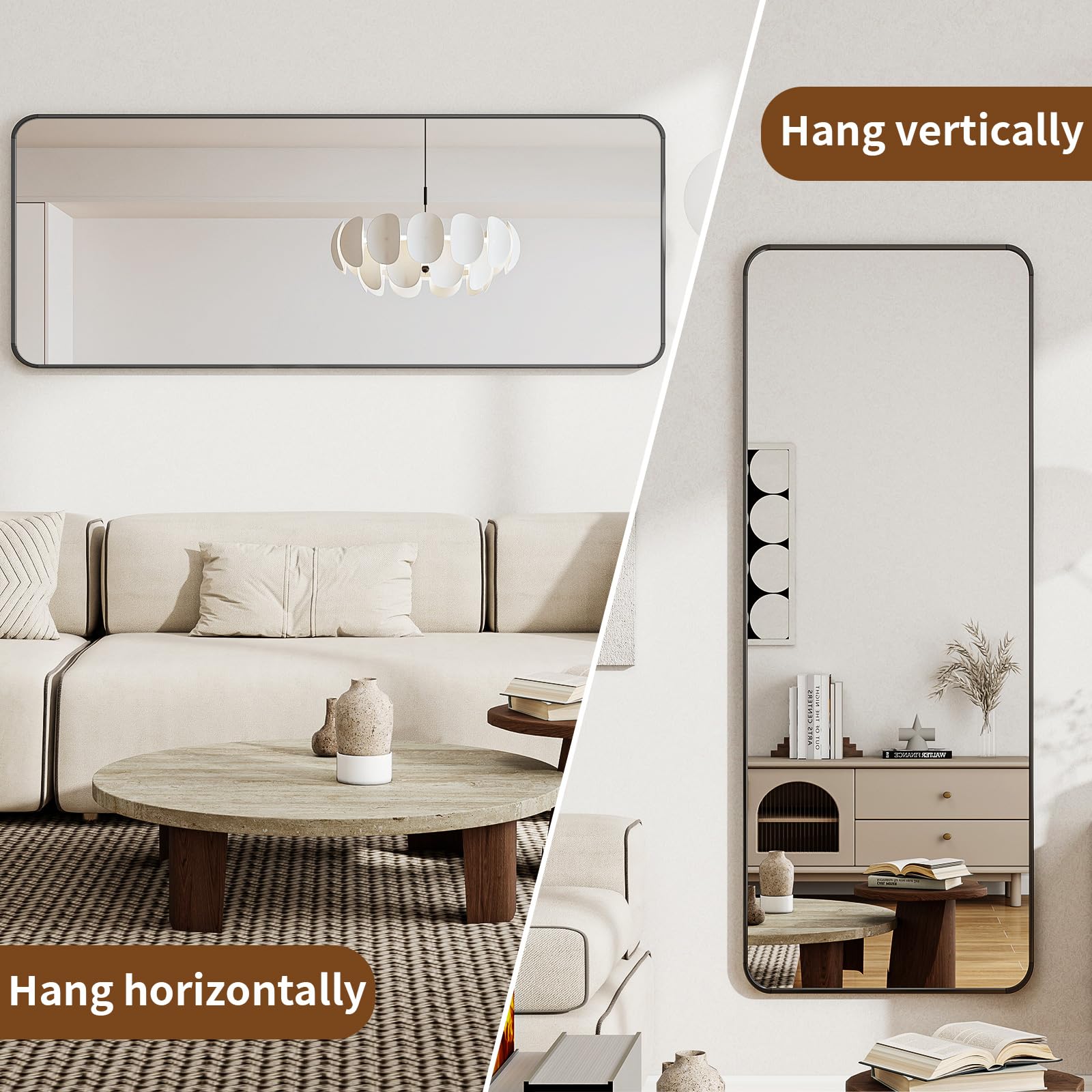 BEAUTYPEAK Black Full Length Mirror, 56"x21" Rounded Corner Floor Mirror Standing Hanging or Leaning Against Wall, Suitable for Bedroom or Dressing Room: 56"L x 21"W Black
