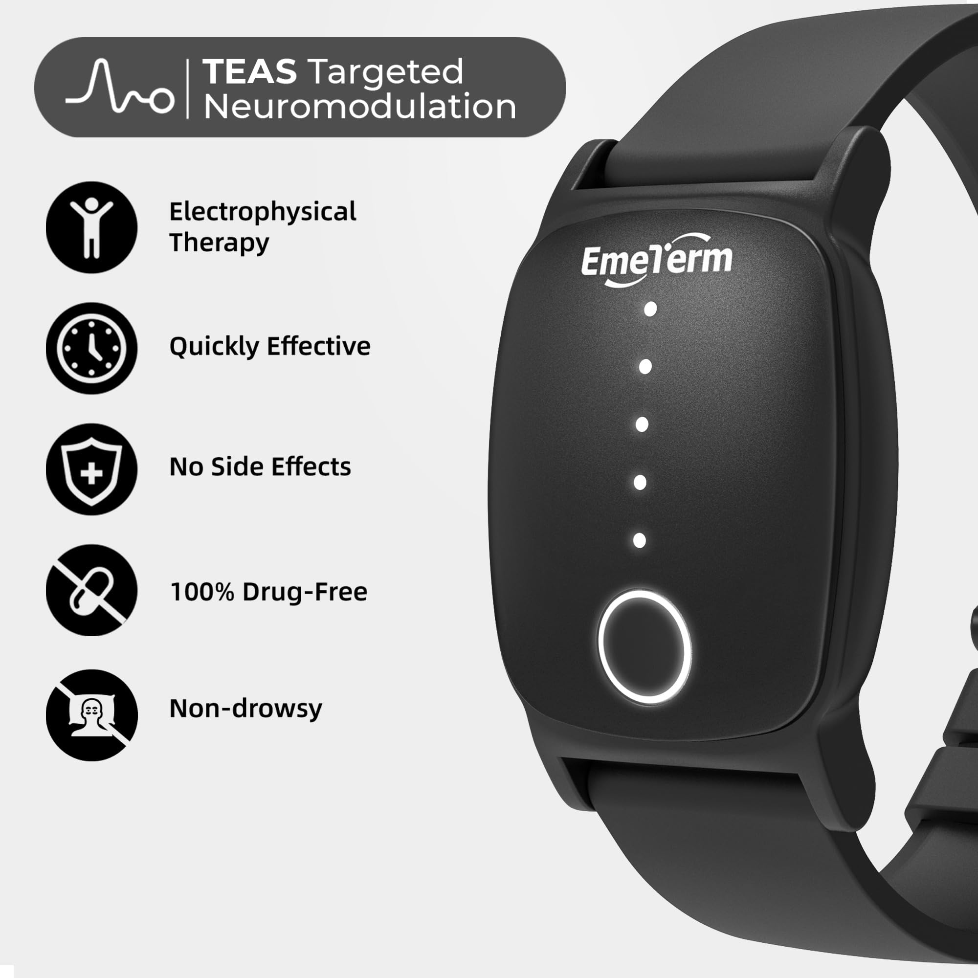 EmeTerm Explore FDA-Cleared Anti-Nausea Wristband IP67 Waterproof Morning Motion Sickness Relief Band Rechargeable Classic Strap Design Drug Free Non-drowsy Without Side Effects