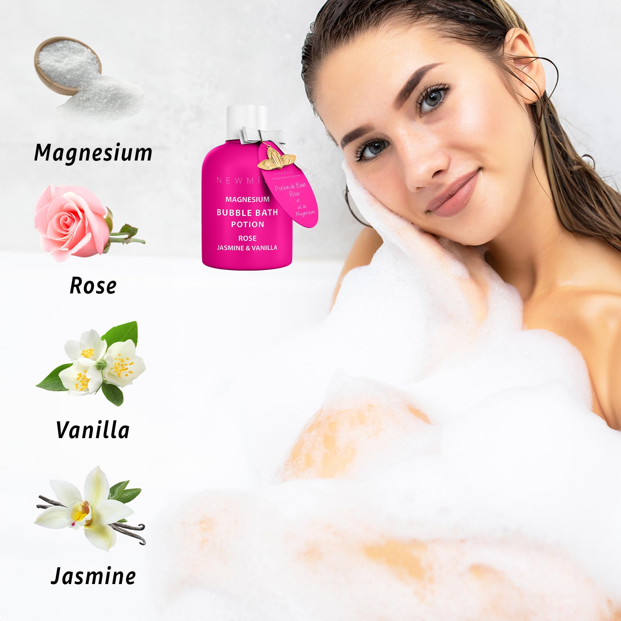 Magnesium Bubble Bath Rose Jasmine Vanilla Long Lasting Foam for Sore Muscles Epsom Salt Moisturizing Relaxing Stress Relief Spa Gift for Women: Magnesium Bubble Bath Rose Jasmine Vanilla Long Lasting Foam for Sore Muscles Epsom Salt Moisturizing Relaxing Stress Relief Spa Gift for Women