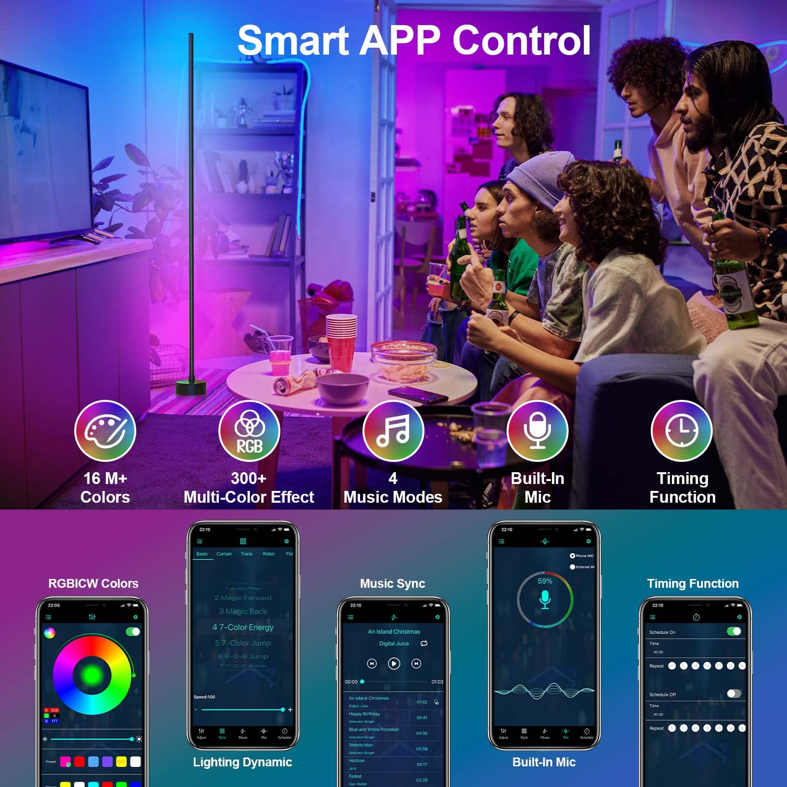 Miortior Corner Floor Lamp - Smart RGB LED Corner Lamp with App and Remote Control, 16 Million Colors & 68+ Scene, Music Sync, Timer Setting - Ideal for Living Rooms, Bedrooms, and Gaming Rooms thumbnail 4