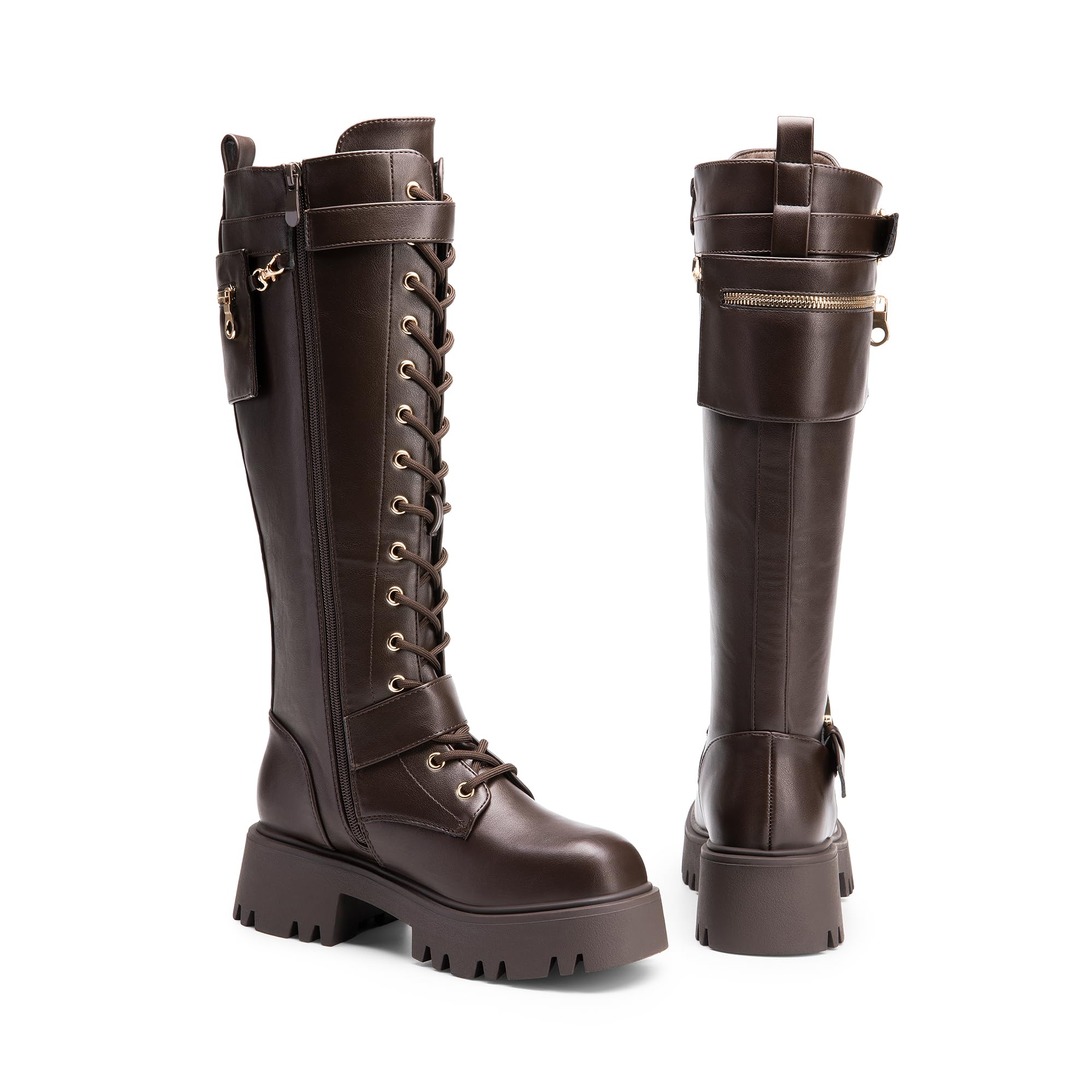 DREAM PAIRS Women's Combat Riding Platform Knee High Boots, Lace Up Fall Lug Sole Gothic Motorcycle Boots with Inside Zipper: 7.5 Brown