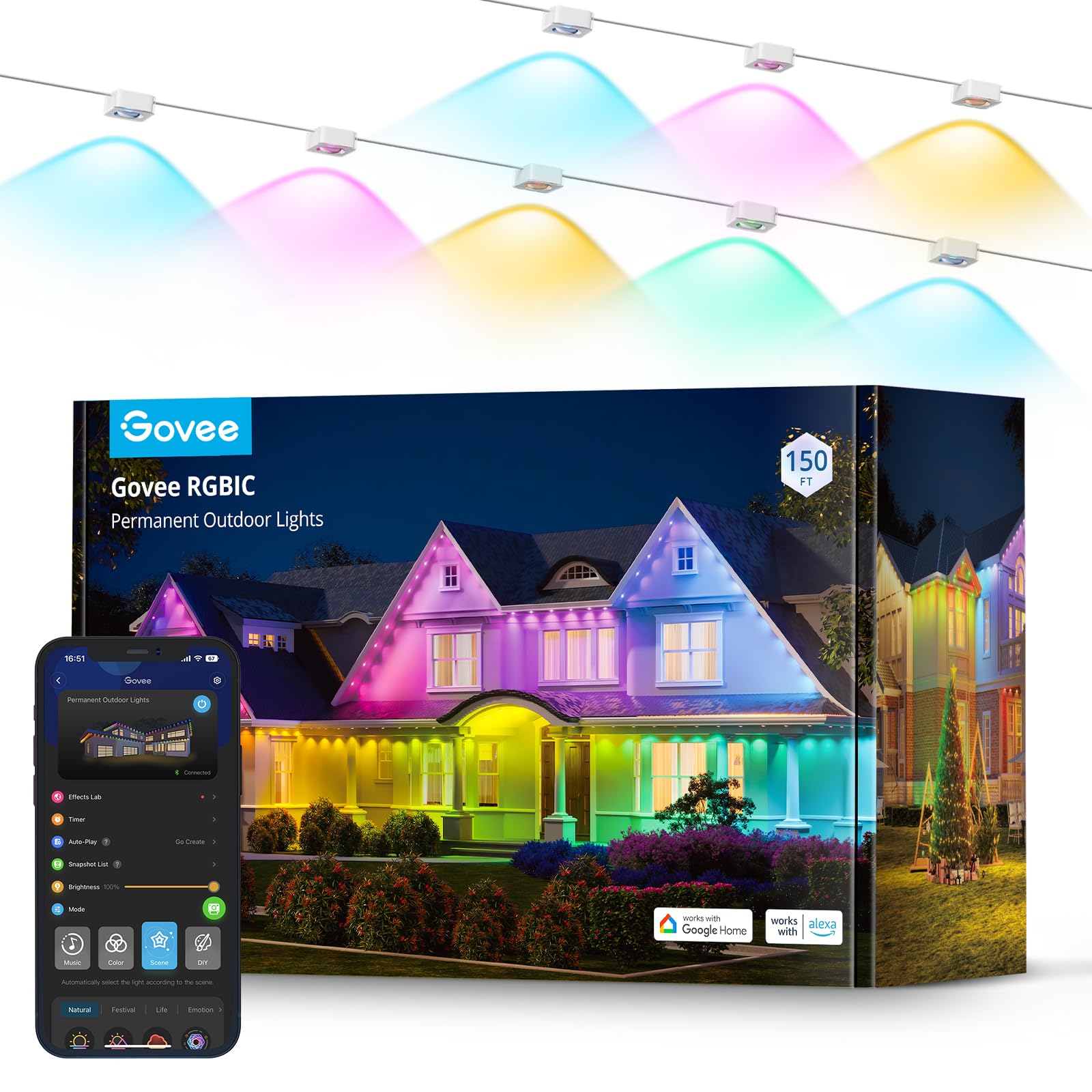 Govee Permanent Outdoor Lights, Smart RGBIC Outdoor Lights with 75 Scene Modes, 150ft with 108 LED Lights, IP67 Waterproof for Patio Decorations, Work with Alexa, Google Assistant, White: White 150ft