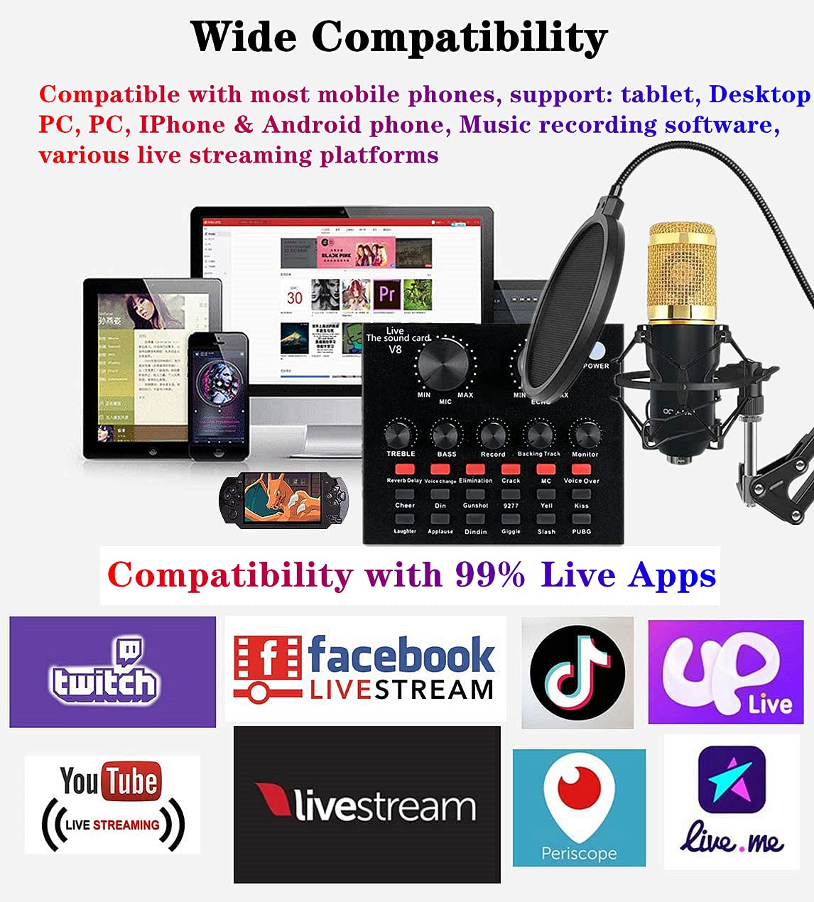 Podcast Equipment Bundle, BM-800 Recording Studio Package with Voice Changer, Live Sound Card - Audio Interface for Laptop Computer Vlog Living Broadcast Live Streaming YouTube TikTok ()