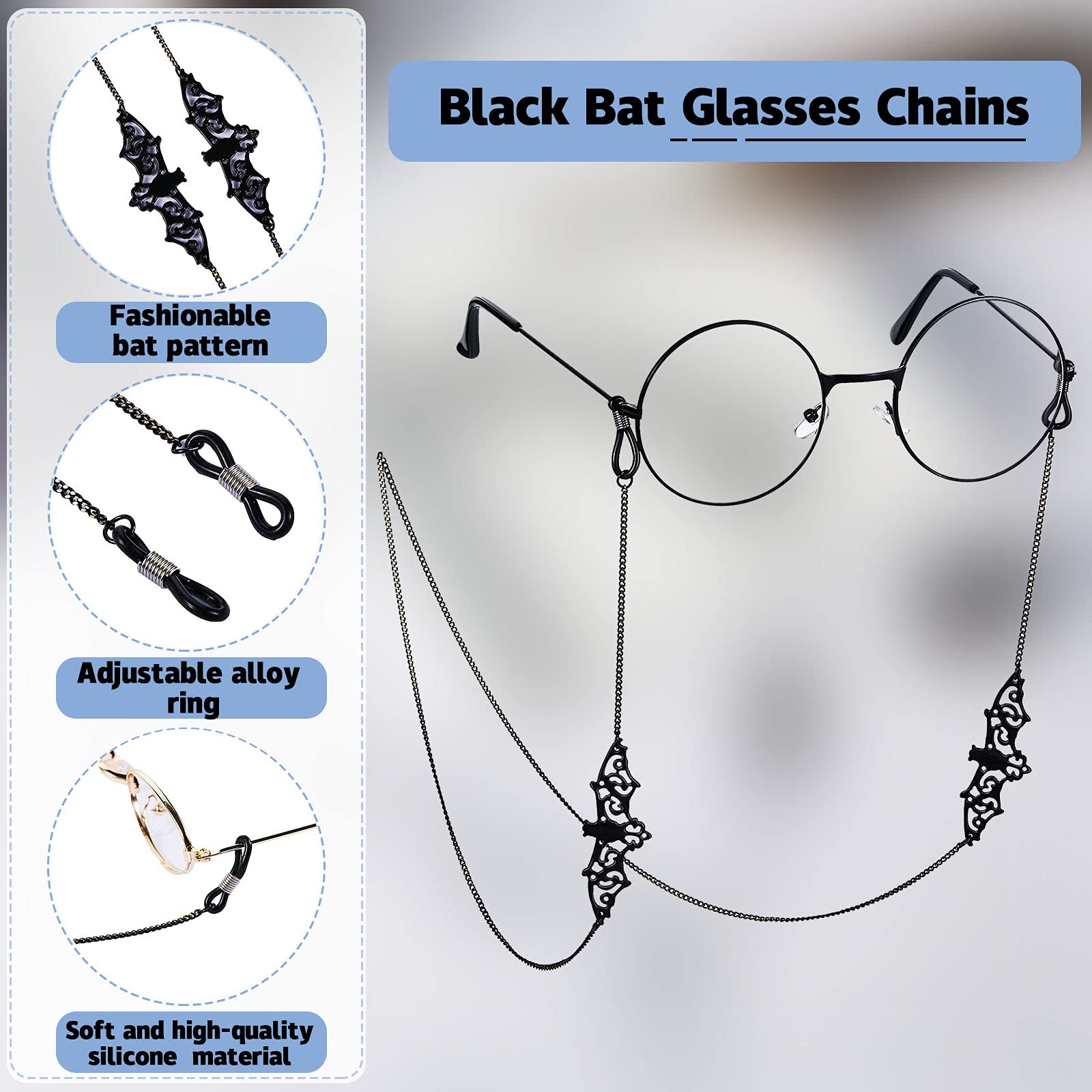 Frienda 2 Pieces Glass Chains Bat Goth Sunglasses Eyeglass Eyewear Lanyard Halloween Party Accessories for Women Men: Black