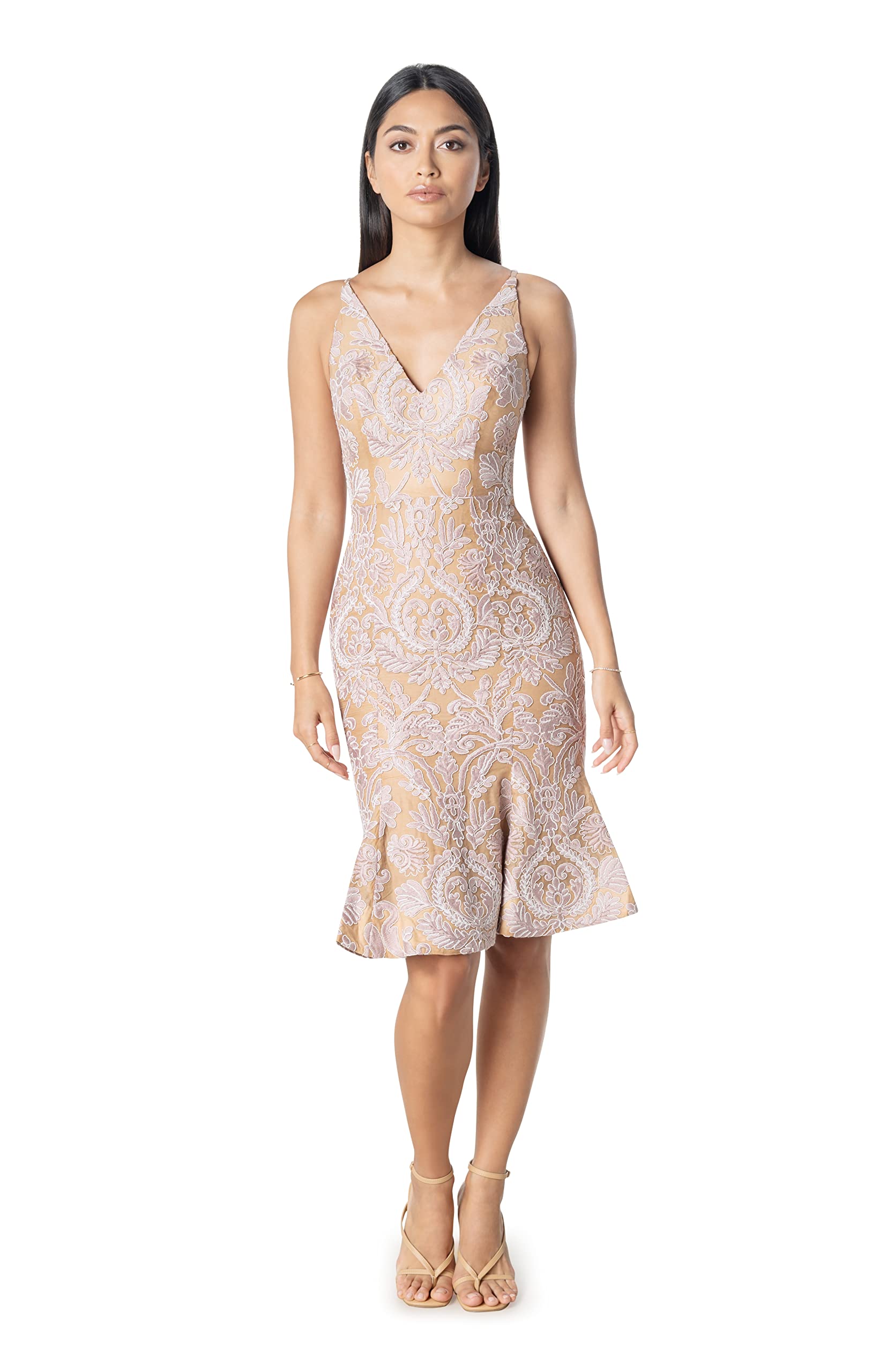 Dress the Population Women's Isabelle V-Neck Neckline, Bodycon Silhouette with a Ruffled Hem Midi Dress thumbnail 1