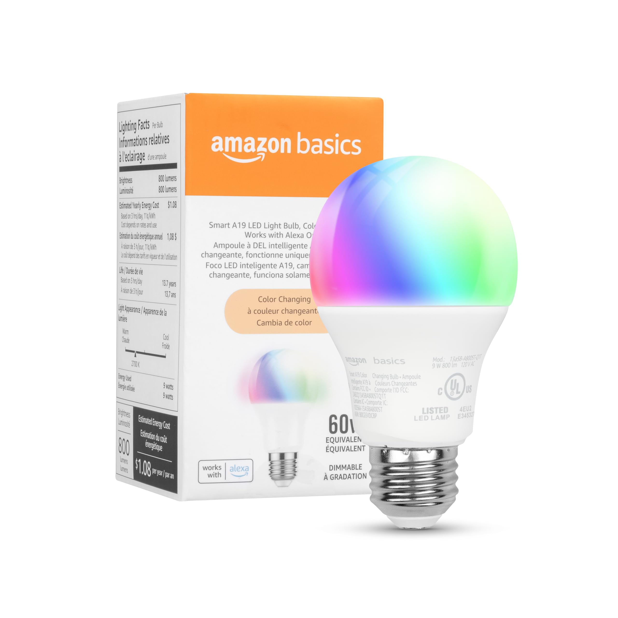 Amazon Basics Smart A19 LED Light Bulb, Color Changing, 9W (60W Equivalent), 800LM, Works with Alexa Only, 2.4 GHz Wi-Fi, No Hub Required, 1 Pack: Color Changing 1 Pack