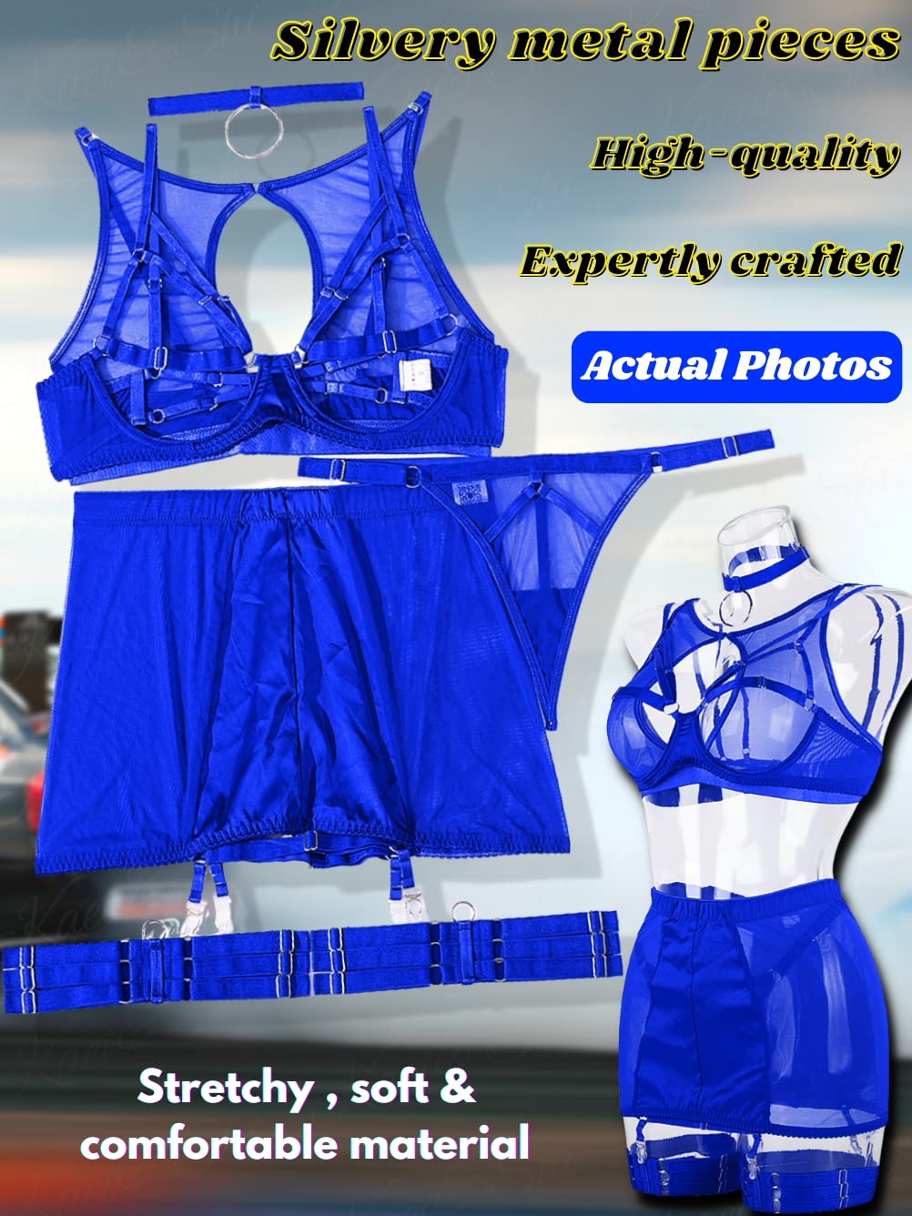 Kaei&Shi Garter Lingerie for Women, Strappy High Waisted Skirt G String 4 Piece Sexy Exotic Lingerie Outfits Set Boudoir