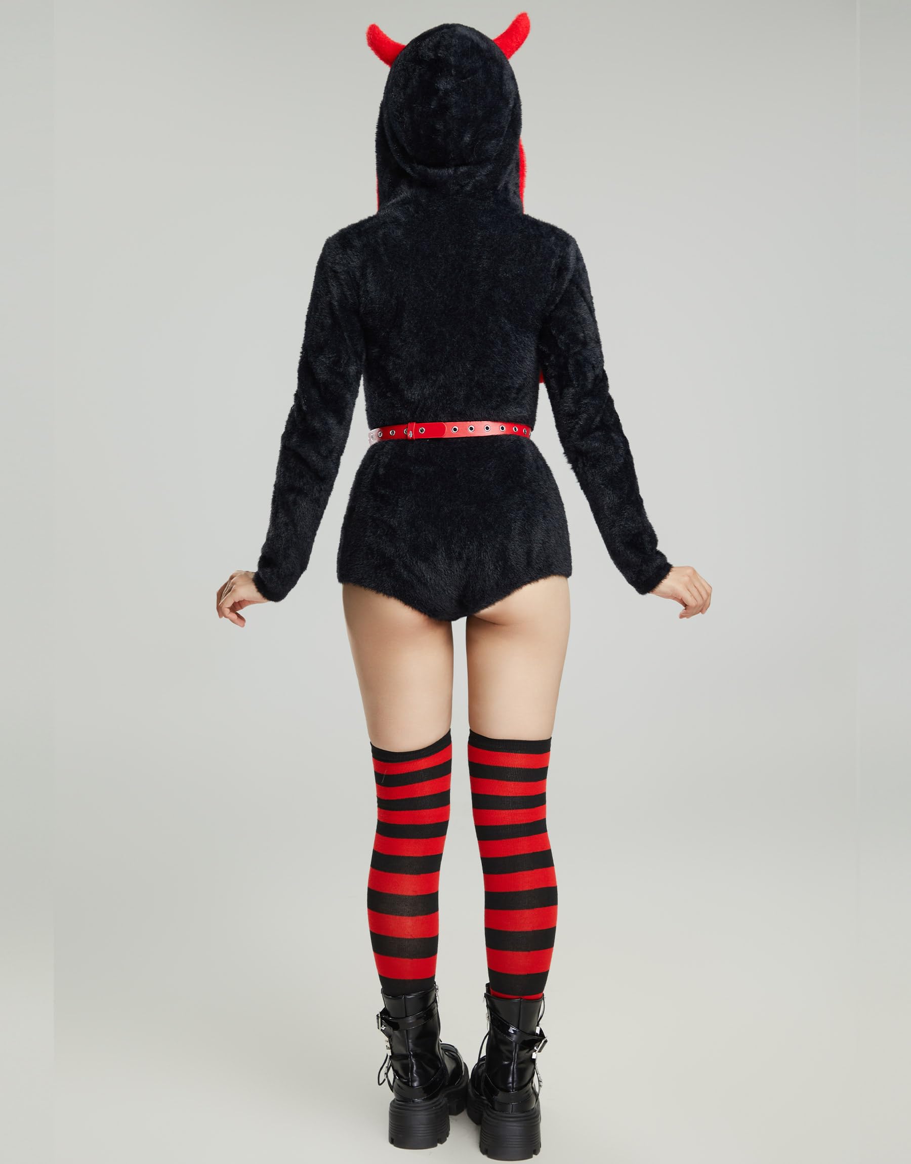 MEOWCOS Women Bodysuit Onesie Pajamas Gothic Halloween Romper Hooded Bodysuit with Belt Choker