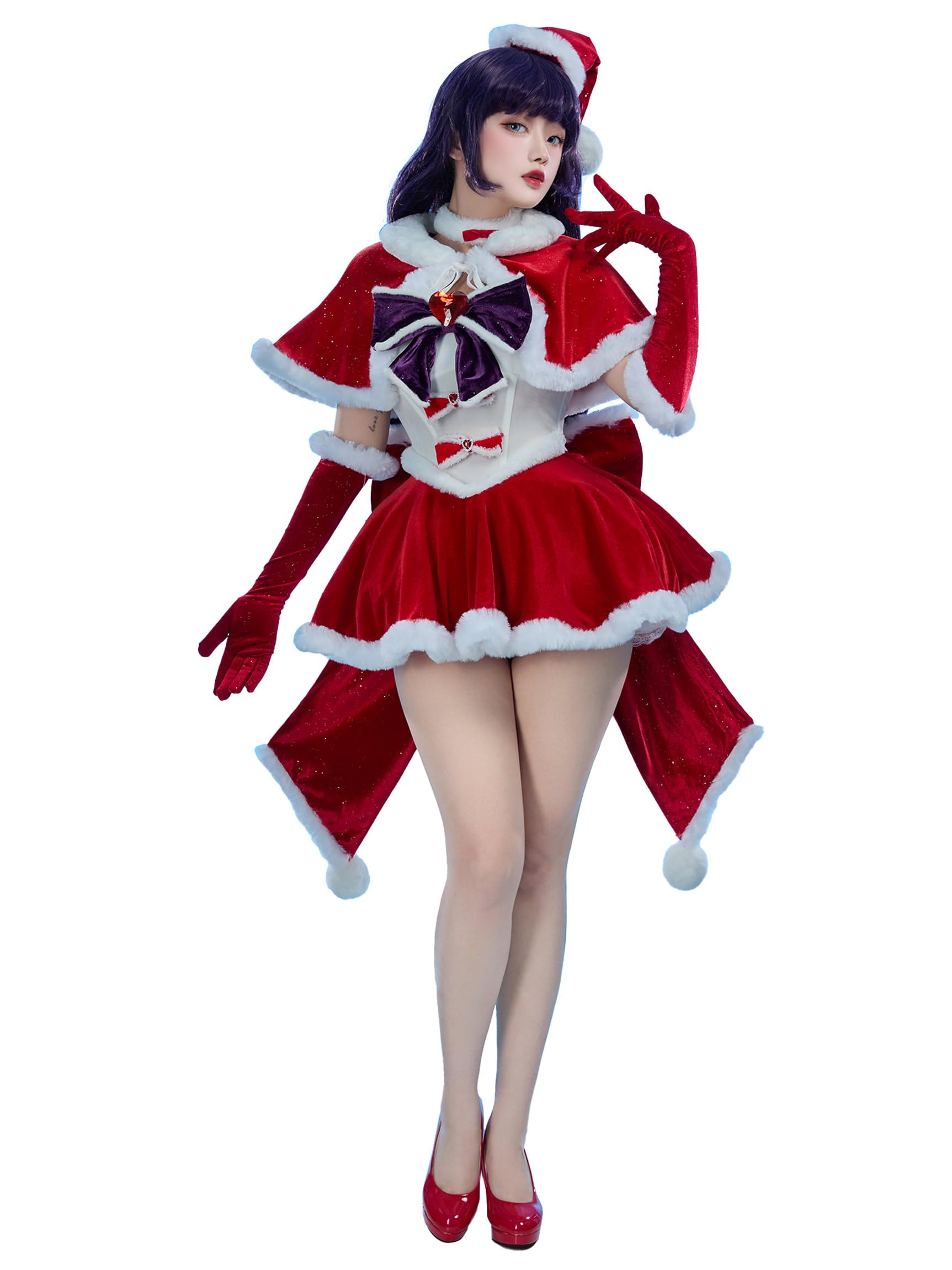 Mobbunny Women Christmas Anime Cosplay Costume Red Fluffy Dress Outfits with Cape and Santa Hat: Large Red