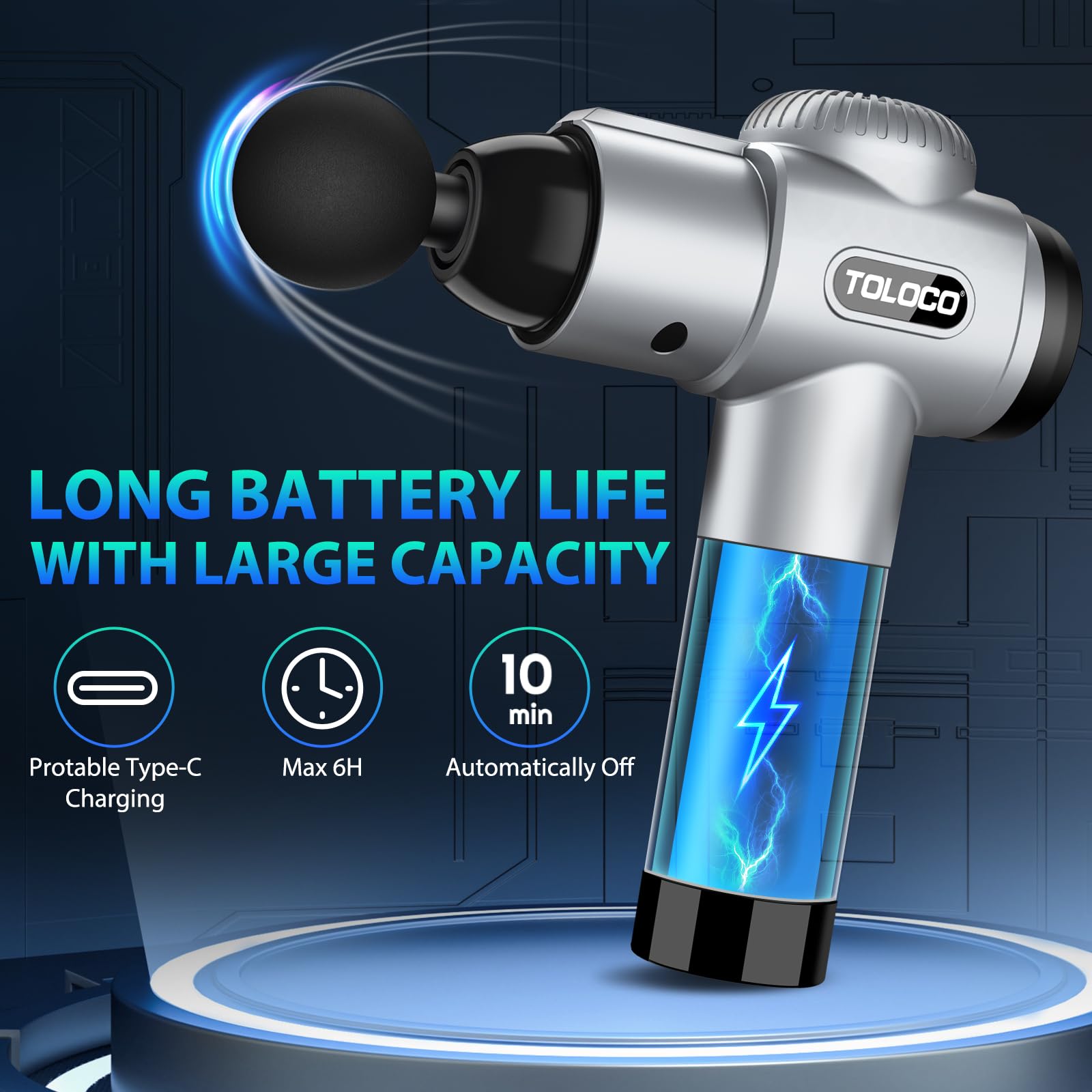 TOLOCO Massage Gun, Deep Tissue Back Massage for Athletes for Pain Relief, Percussion Massager with 10 Massages Heads & Silent Brushless Motor, Gifts for Fathers Day,: Silver