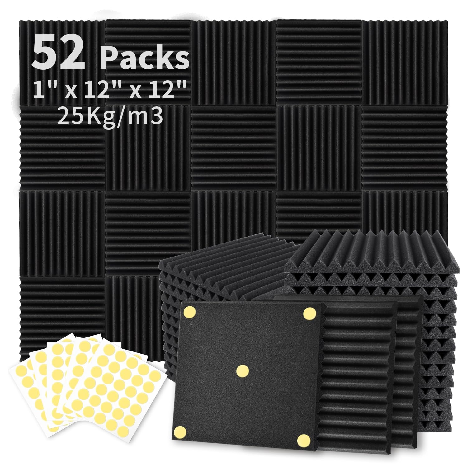 Focusound  Acoustic Foam Panels 1" x 12" x 12" Sound Proof Foam Panles Soundproofing Noise Cancelling Wedge Panels for Home Office Recoding Studio with 300PCS Double-Side Adhesive: 52 Pack