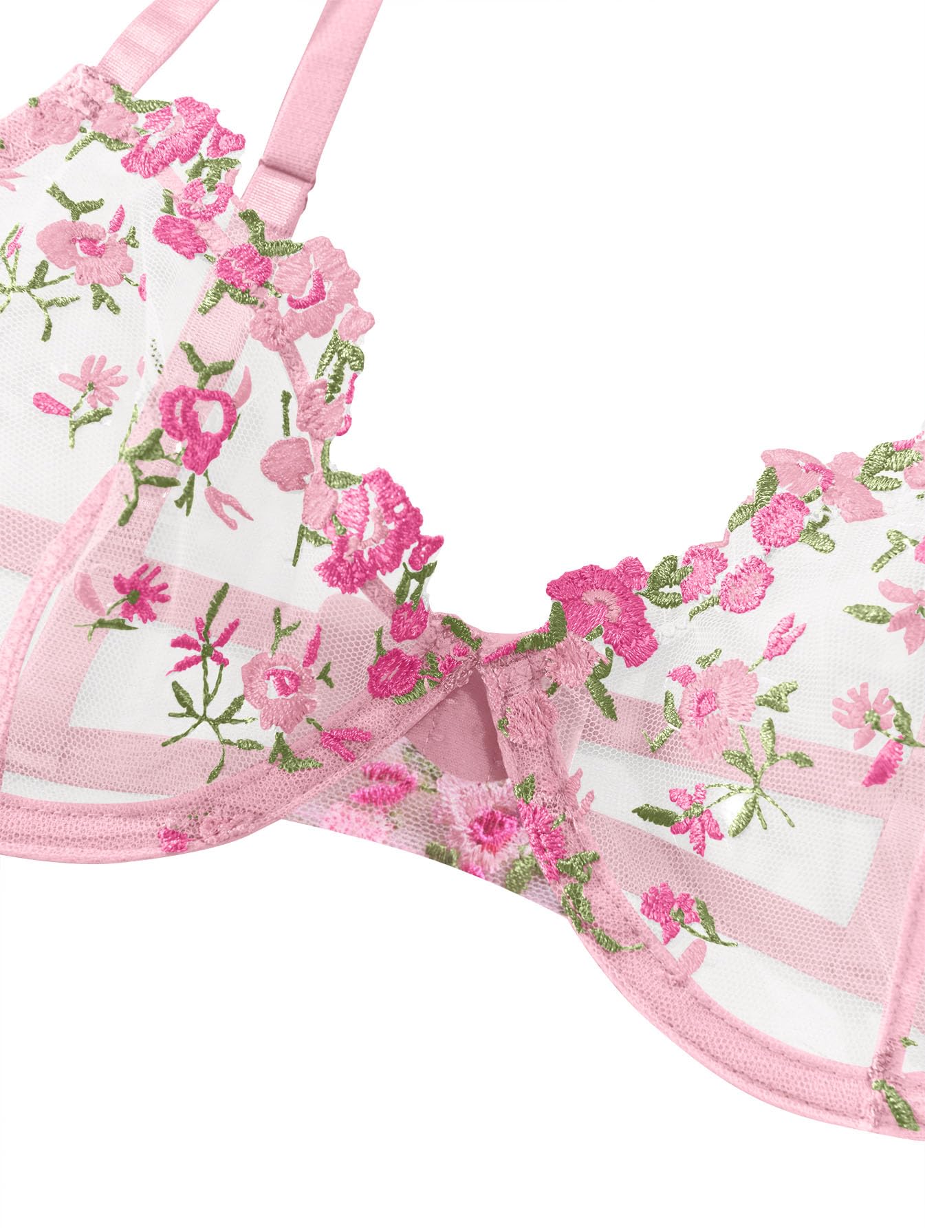 Lilosy Sexy Floral Embroidered Mesh Sheer Underwire Lingerie Set
