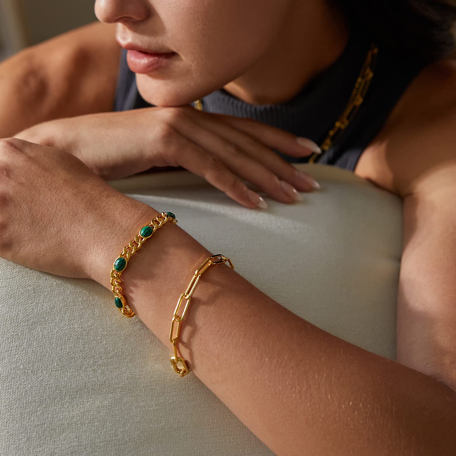FRUMOS Dainty Layering Bracelets for Women 18 k Gold Plated Fashion Adjustable Chunky Cuban Paperclip Link Chain Bracelets Jewelry for Women Girls Gift thumbnail 6