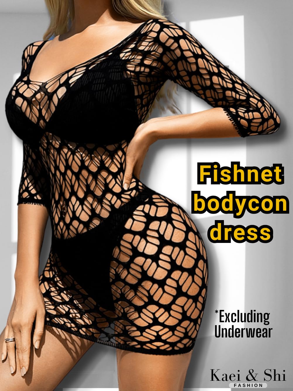 Kaei&Shi Sexy Outfits, Hollow Out, Sheer Mesh, Bodycon Mini Dress: Black
