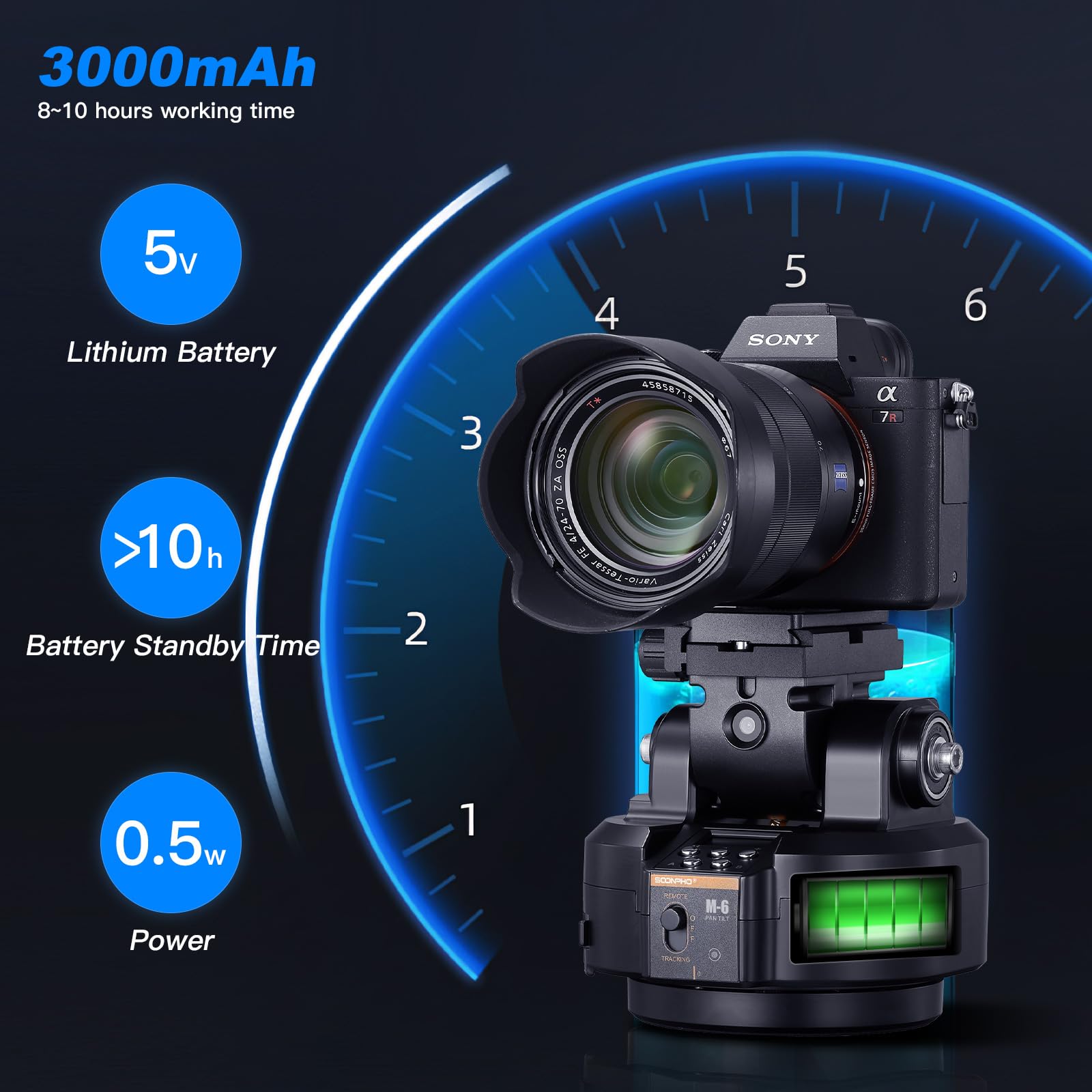 Soonpho M6 Auto Face Tracking Motorized Rotating Panoramic Tripod Head, Remote Control 360° Pan Tilt Head with Mobile Phone Clip for DSLR Cameras, Camcorders, Smartphones, Tripod