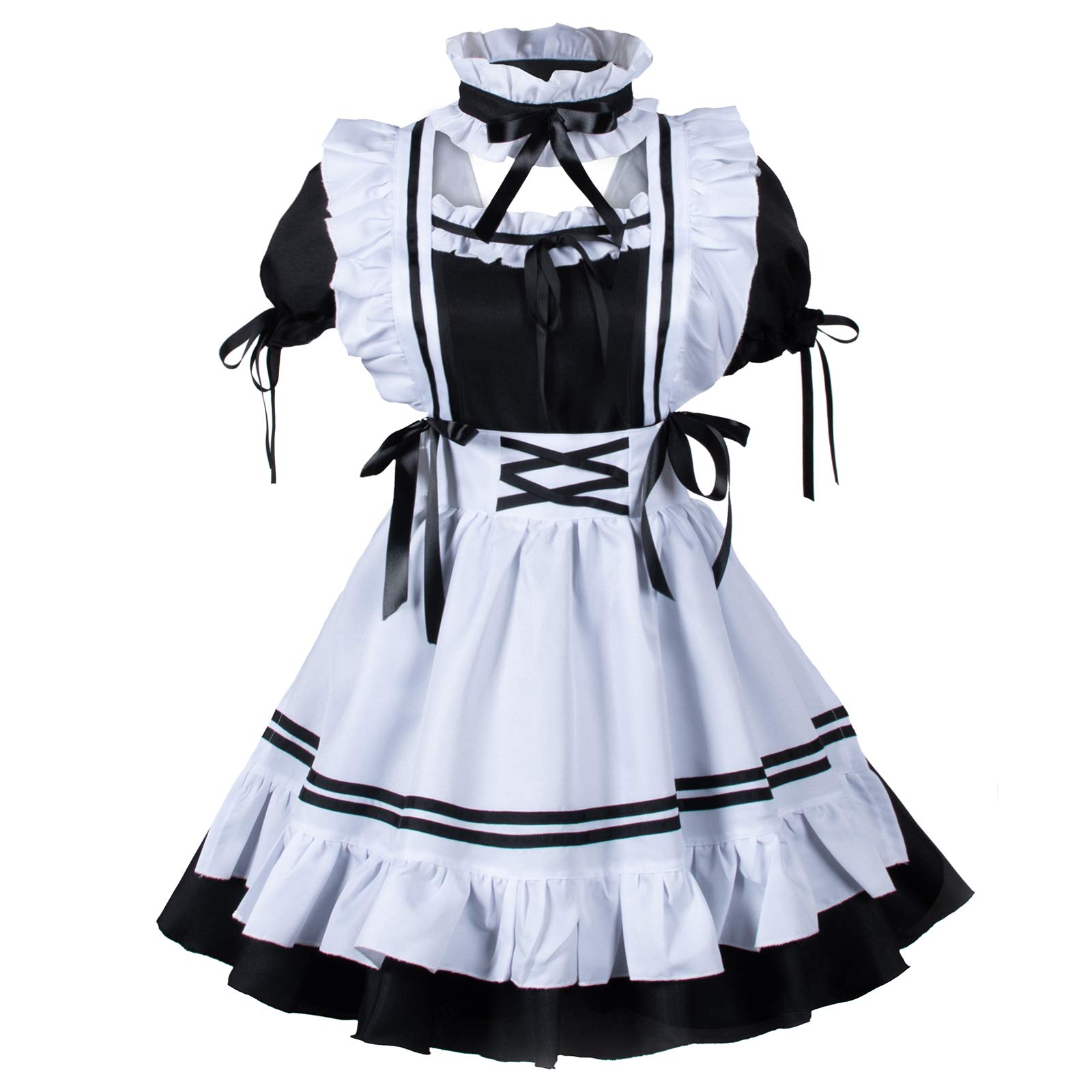 Wannsee Anime French Maid Apron Lolita Fancy Dress Cosplay Costume Furry Cat Ear Gloves Socks set(2XL): Small Black-white