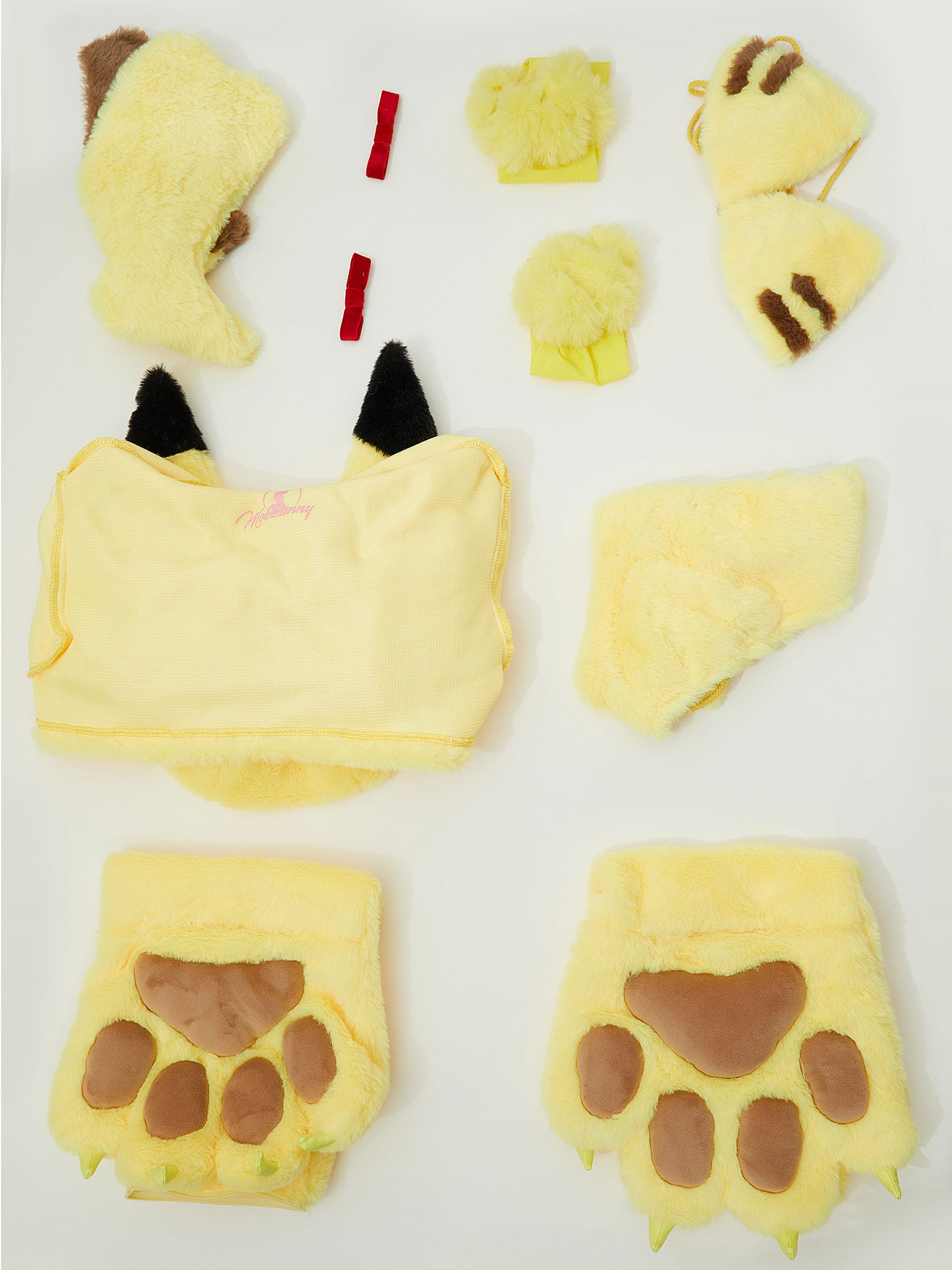 Mobbunny Anime Cosplay Lingerie Set for Women Yellow Plush Pajamas Homewear Furry Paw Gloves Hoodie Top and Bra Panty