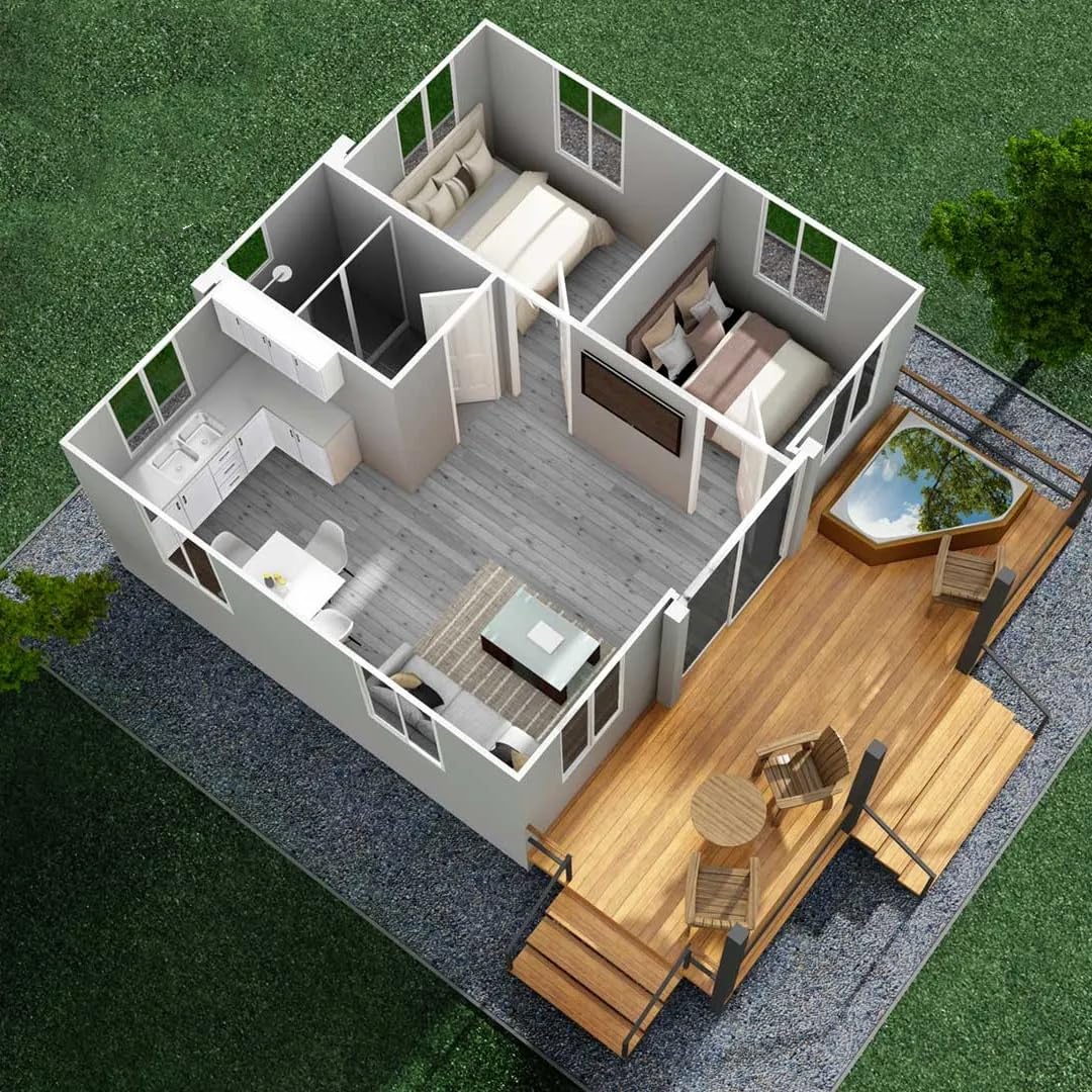 Tiny Homes to Live in for Adults, 20Ft Tiny Home for Sale Prefab House Customizable with 2 Bedrooms, 1 Fully Equipped Bathroom and Kitchen, 1 Living Room, Mobile House