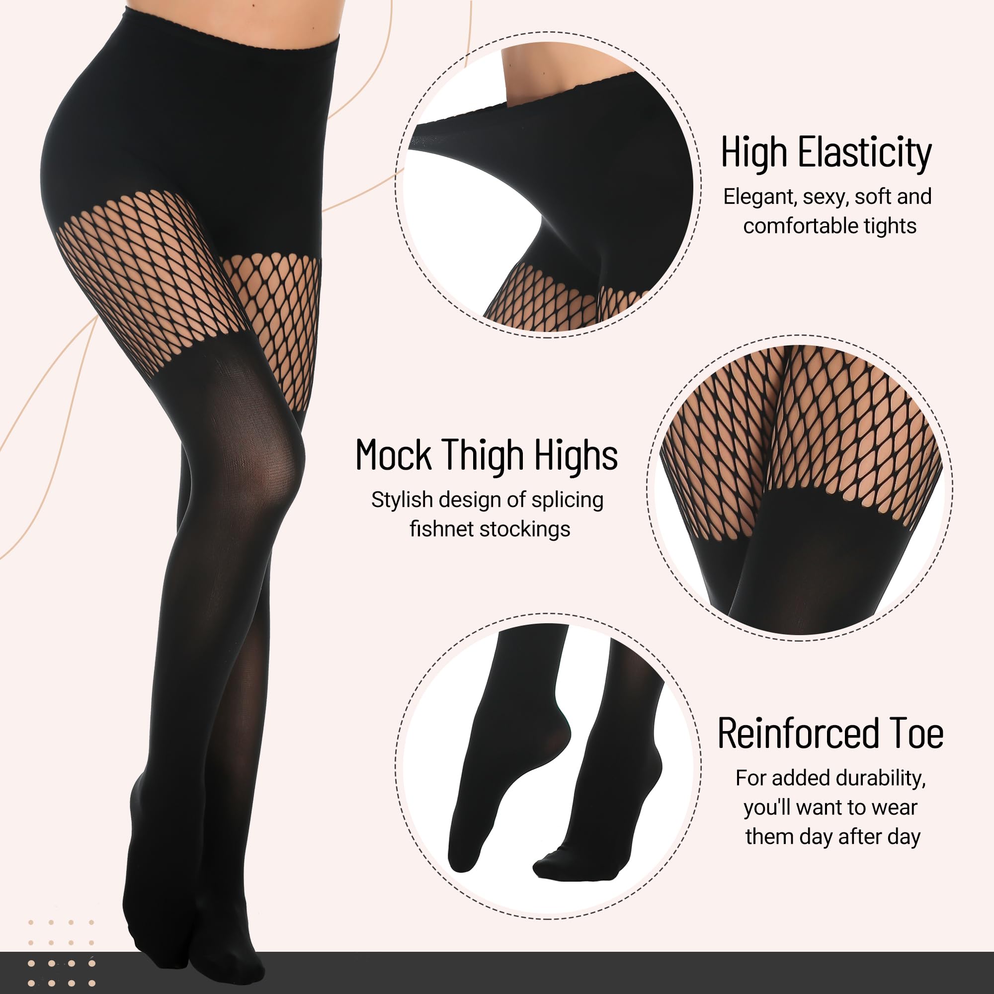 MANZI Womens Faux Thigh High Fishnet Stockings Stitching Opaque Pantyhose Mock Over the Knee Goth Striped Suspender Tights: One Size 1 Grid + 1 Suspender
