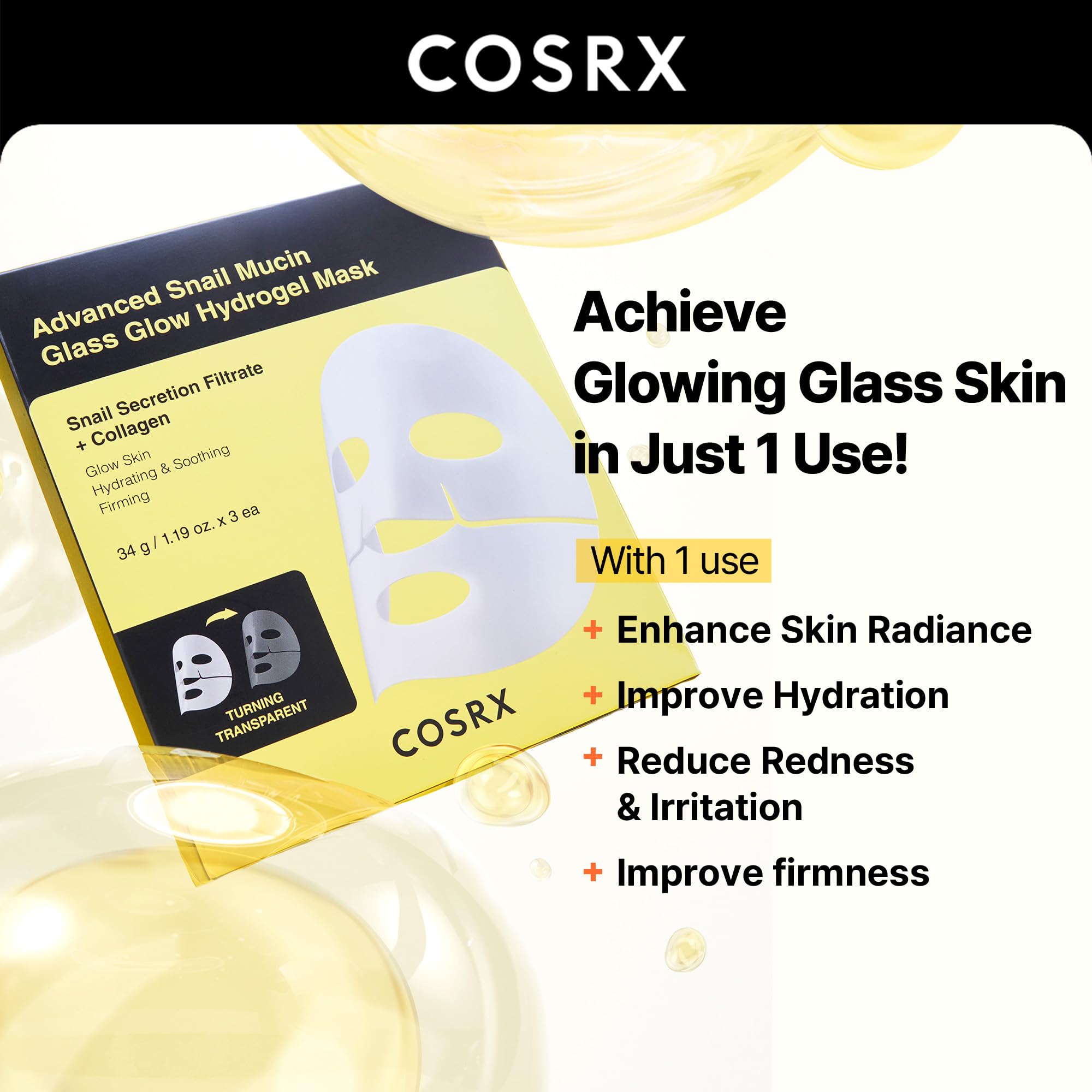 COSRX Advanced Snail Mucin Glass Glow Hydrogel Face Masks Skincare 3 EA, Collagen Face Mask, Travel Essentials, Overnight Face Mask, Korean Skin Care: COSRX Advanced Snail Mucin Glass Glow Hydrogel Face Masks Skincare 3 EA, Collagen Face Mask, Travel Essentials, Overnight Face Mask, Korean Skin Care