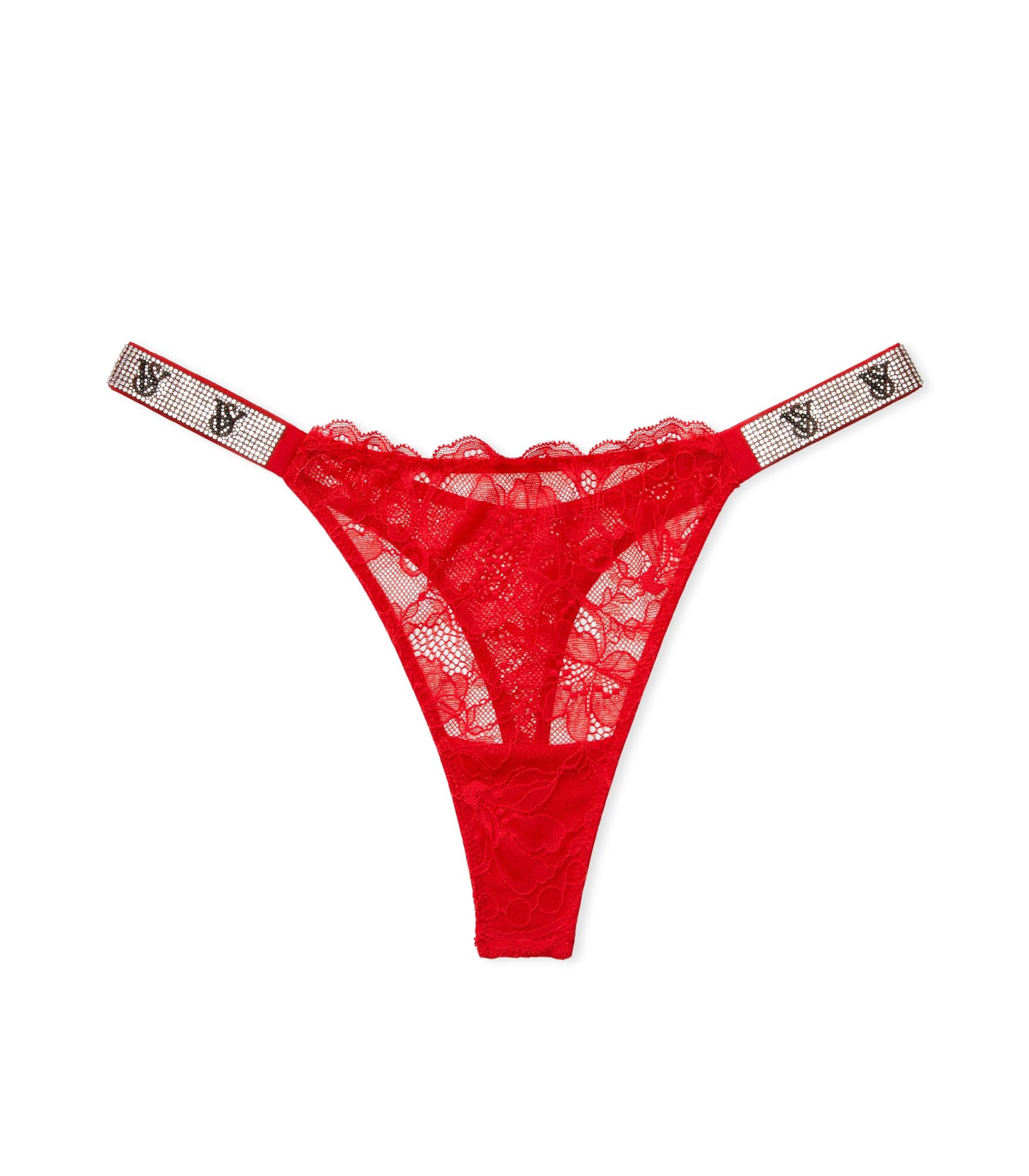 Victoria's Secret Women's Very Sexy Shine Strap Thong Underwear, Panties for Women (XS-XXL): Medium Lipstick Red Lace Monogram