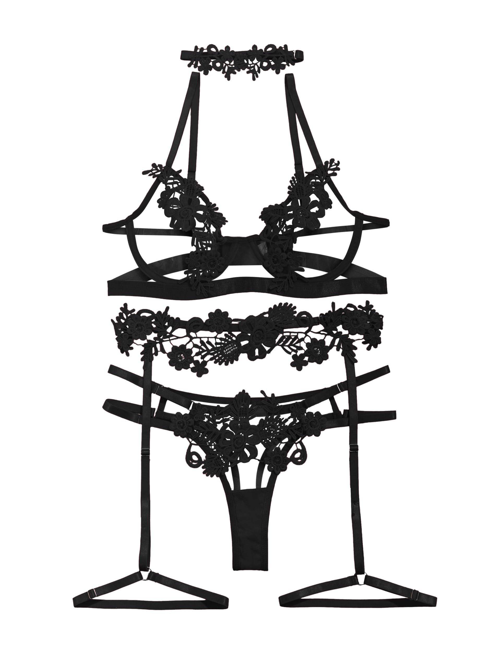 Lilosy Sexy Cute Applique Embroidered Underwire Push Up Garter Belt Chocker Lingerie Set: Medium Cutout Black