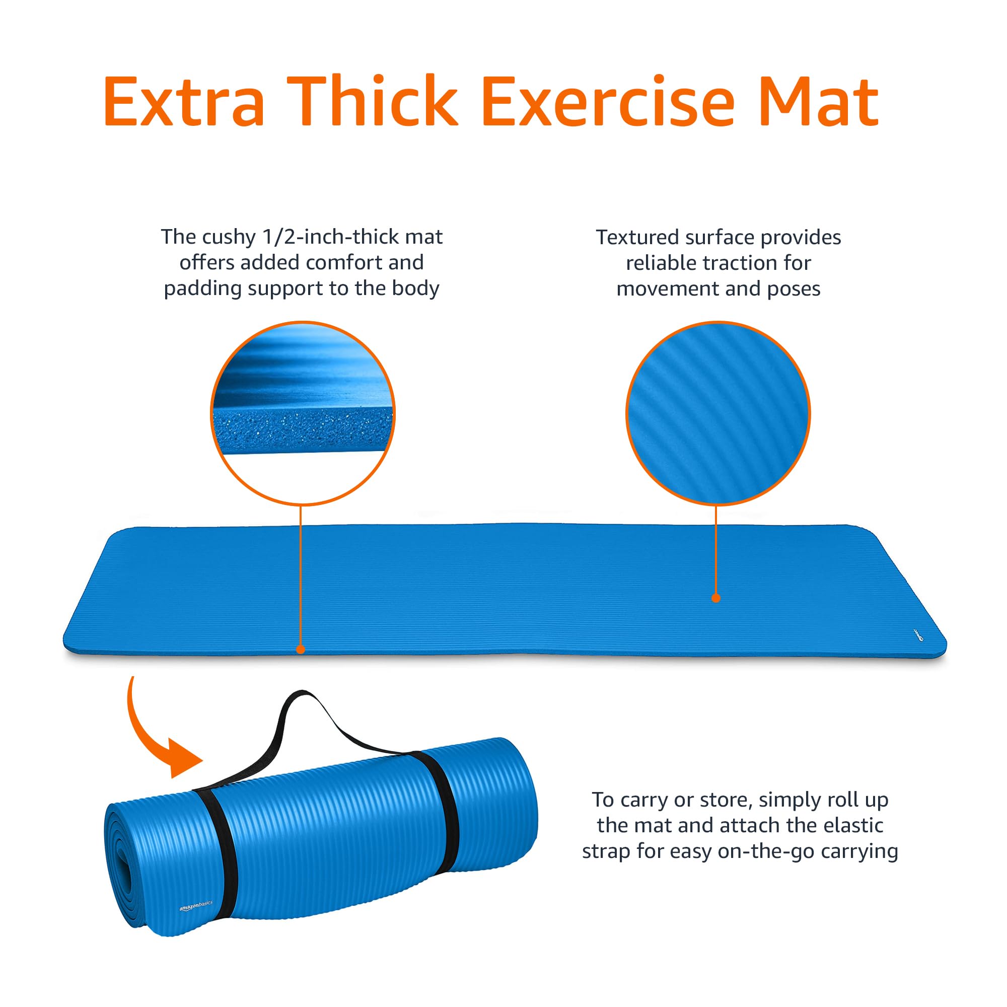 Amazon Basics 1/2 Inch Extra Thick Exercise Yoga Mat with Carrying Strap, Cushioned Support, for Fitness and Gym Workouts: Blue