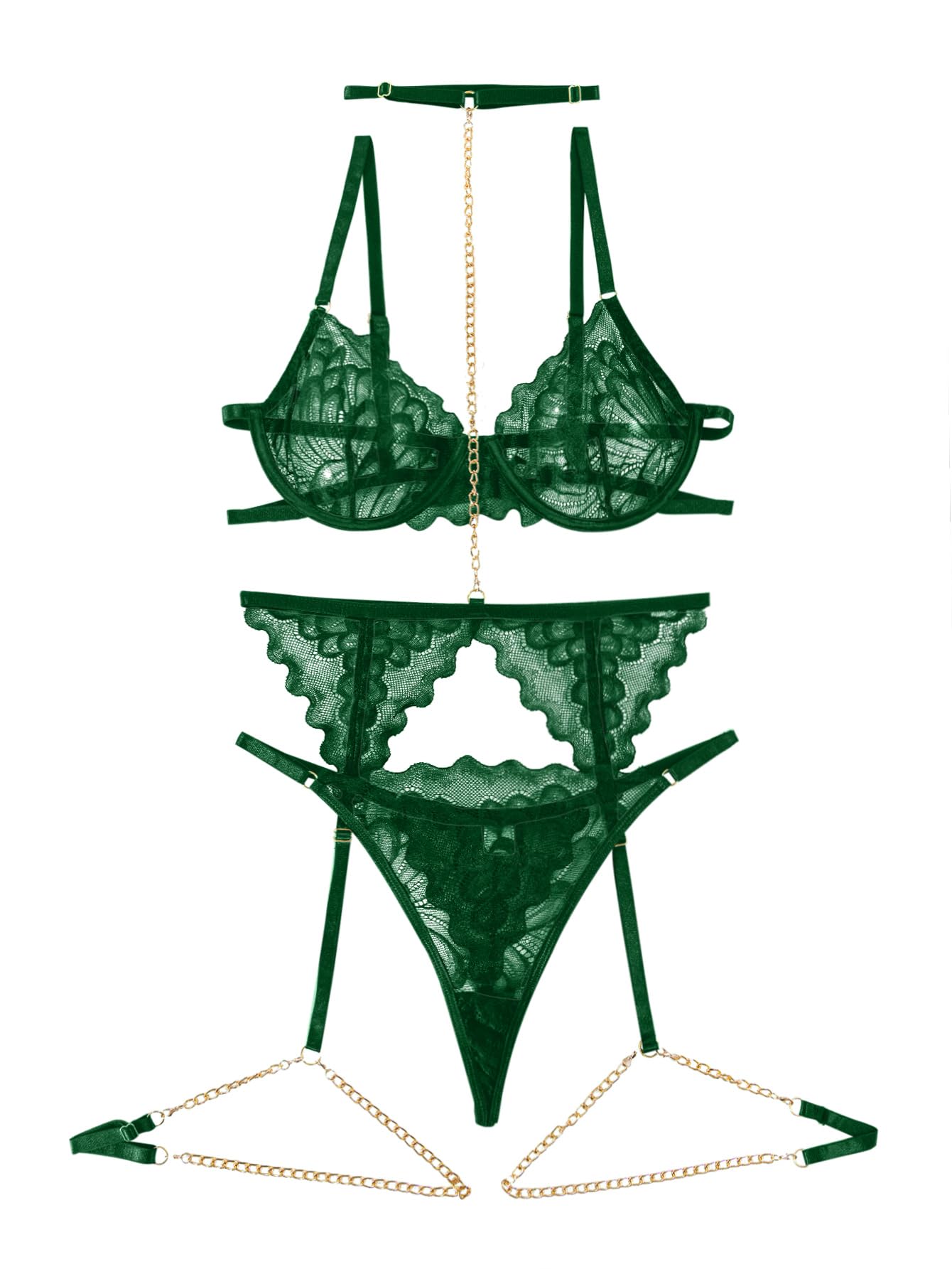 Lilosy Sexy Choker Floral Lace Underwire Push Up Garter Belt Lingerie Set for Women Sheer Bra and Panty 3 Piece: Small Chain Army Green