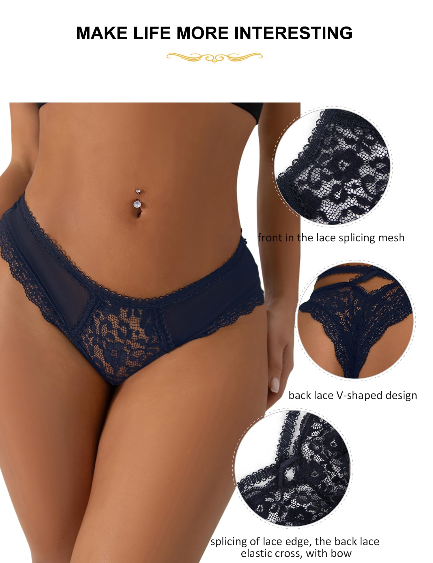 ohmydear Women's Plus Size Sexy Lace Thong Floral Underwear Criss Cross Bikini Panties Tangas Briefs XS-4XL: X-Large-XX-Large Style 2 Dark Blue