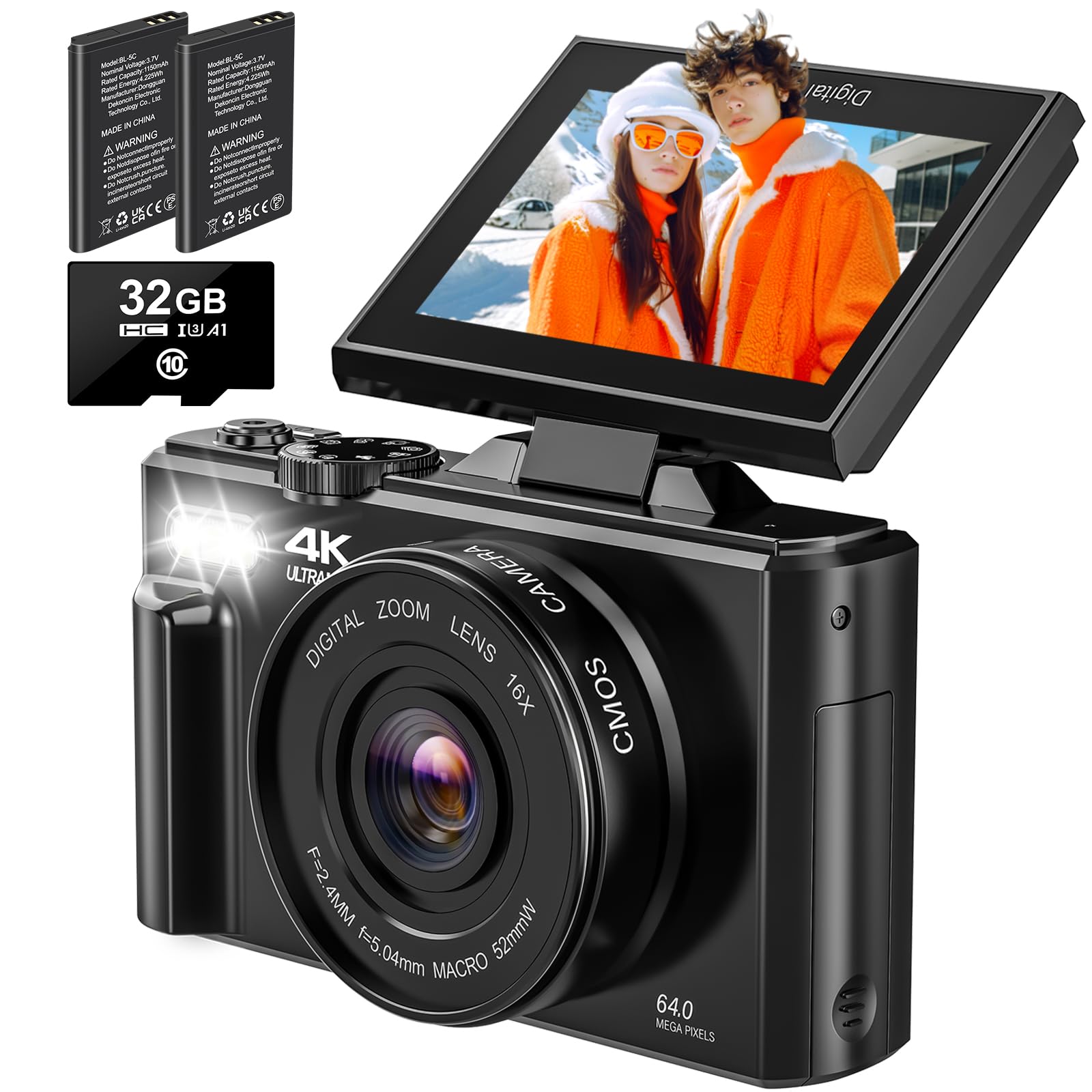 4K Digital Camera - Digital Cameras for Photography - 64MP Vlogging Camera for YouTube - Autofocus Video Camera 3" 180° Flip Screen with 18X Zoom - Compact Travel Cameras with 32GB SD Card 2 Batteries: 4K Digital Camera - Digital Cameras for Photography - 64MP Vlogging Camera for YouTube - Autofocus Video Camera 3" 180° Flip Screen with 18X Zoom - Compact Travel Cameras with 32GB SD Card 2 Batteries