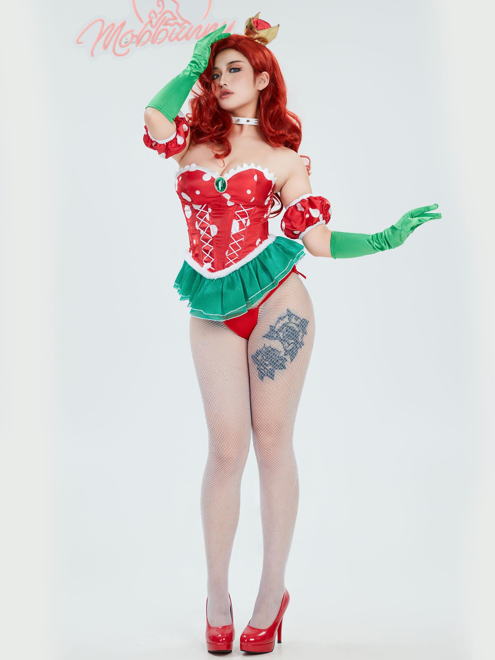 Mobbunny Women Sexy Princess Cosplay Set Mushroom Costume Ruffles Corset Top and Thong with Pantyhose and Gloves thumbnail 2