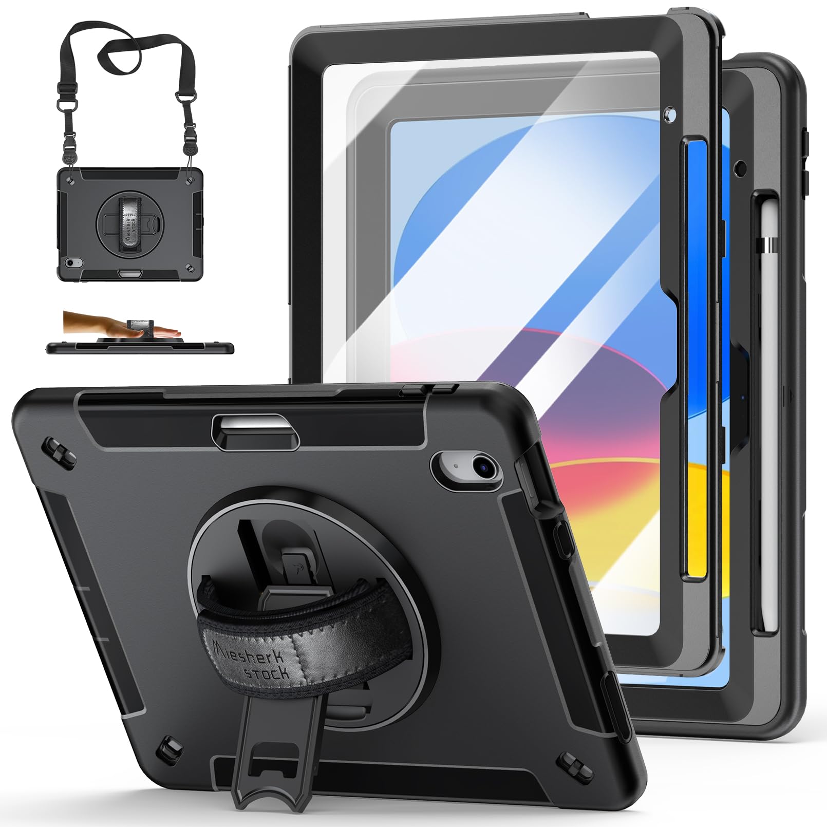 Miesherk Stock Case for iPad (A16) 11th 11'' 2025/10th Generation 10.9'' 2022, Case with Screen Protector,Rotate Stand,Handle,Shoulder Strap,Pen Holder(Black)