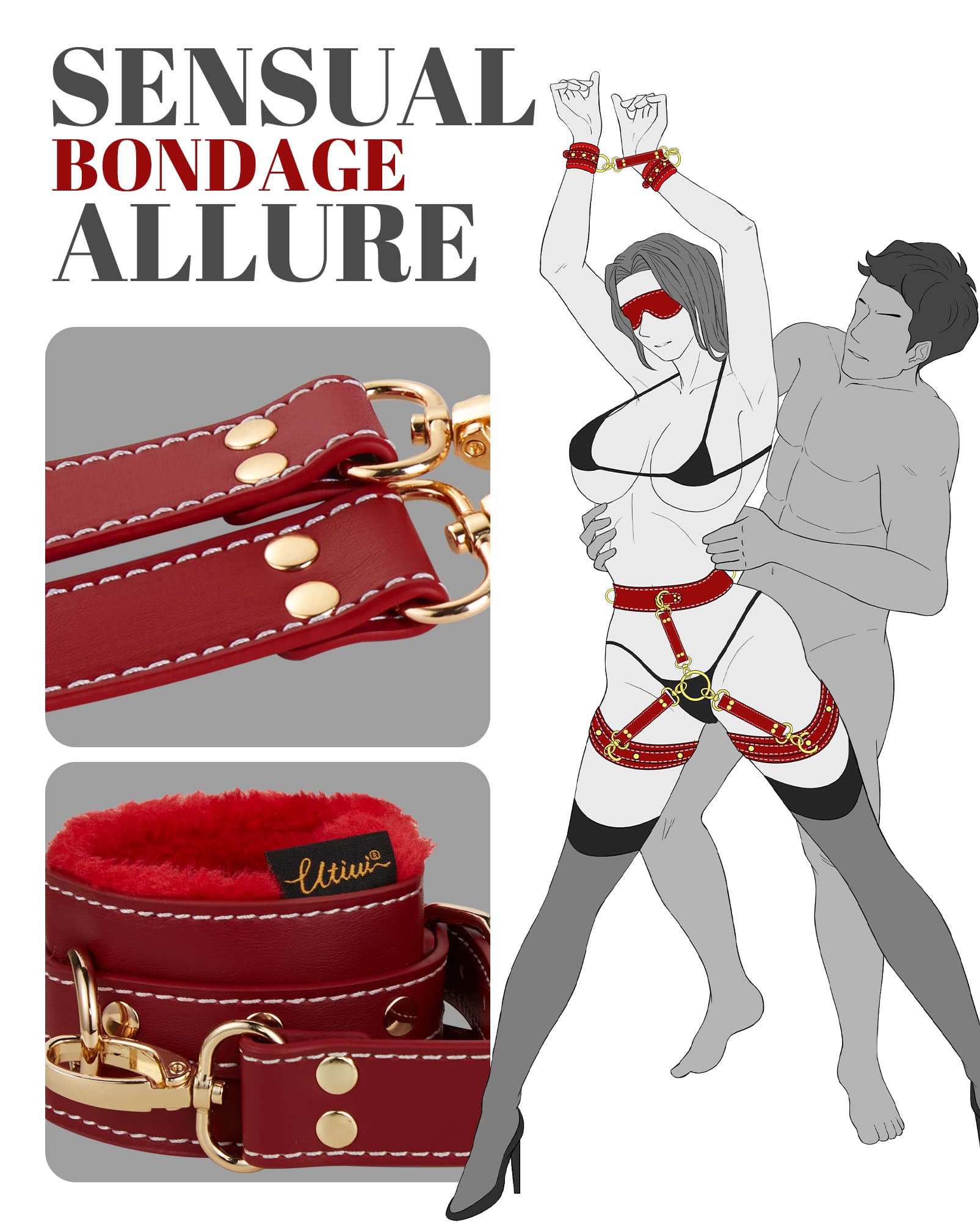 UTIMI Sex Bondage BDSM Kit Restraints 6PCS Sets with Adjustable Handcuffs Ankle Cuff Thigh Cuffs Blindfold Cross Strap Waist Strap Adult SM Games Sex Toys for Men Women and Couples: Red