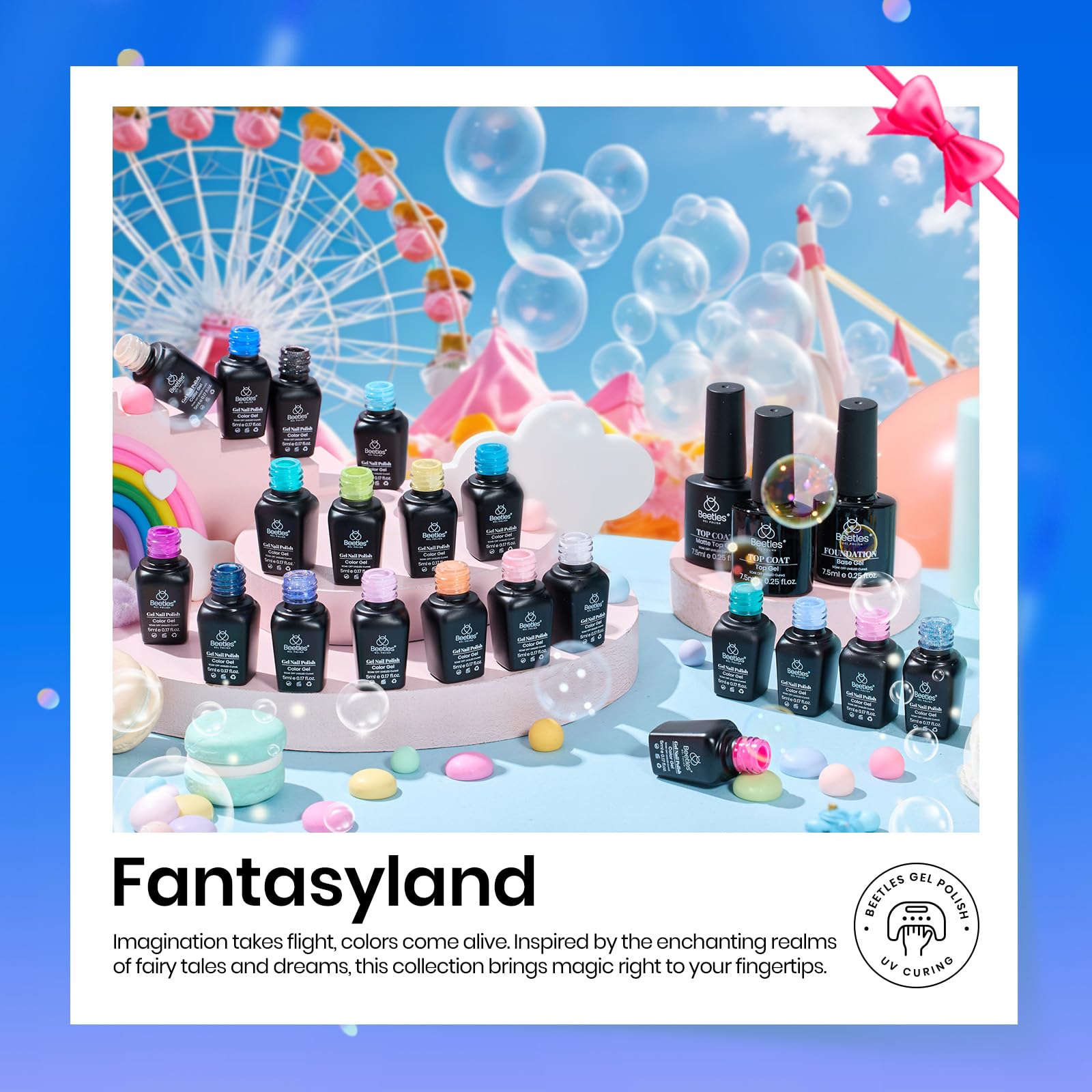 beetles Gel Polish Set Summer Gel Nail Polish Kit Pastel 36 Pcs 32 Colors with Base Top Coat Hot Pink Green Black White Burgundy Red Blue Purple Gifts for Women Fingertip Palette: 20 Colors Fantasyland Collection