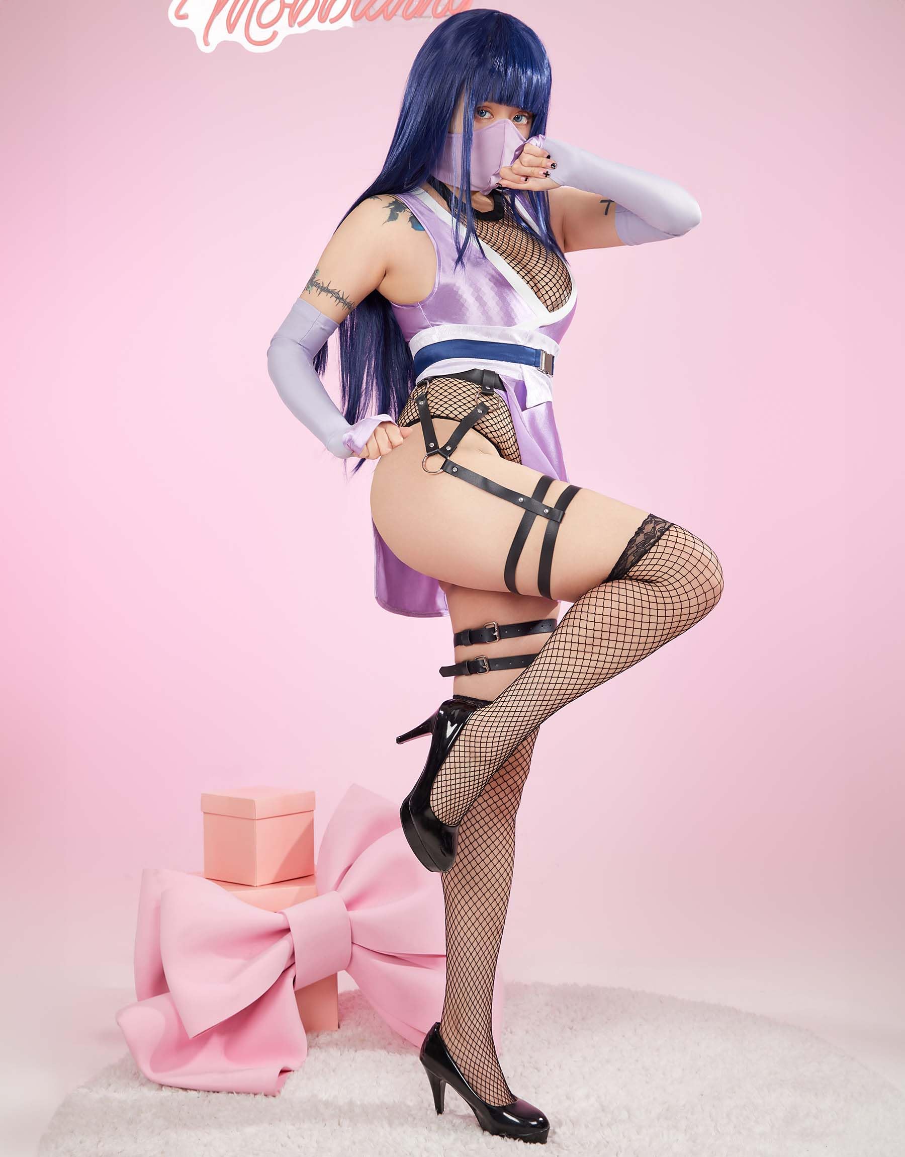 Mobbunny Womens Anime Cosplay Costume Purple High Slit Bodysuit Fishnet Mesh Bodysuit with Mask and Thigh Socks: Small