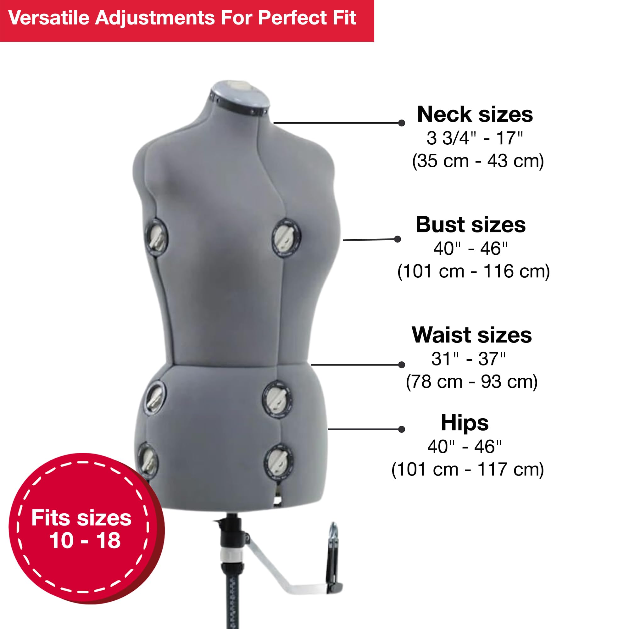 SINGER Female Adjustable  Dress Form Fits Sizes 10-18 Pinnable Mannequin Body Torso with 360 Degree Hem Guide, Foam-Backed Fabric Exterior, 12 Dials, Tri-Pod Stand: Gray