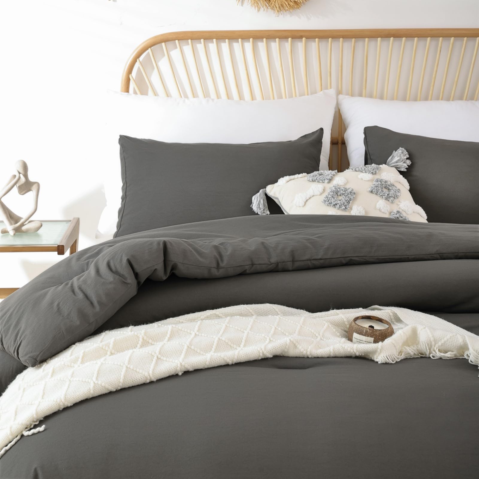 ROSGONIA Queen Comforter Set Oatmeal, 3pcs(1 Boho Oatmeal Comforter & 2 Pillowcases) All Season Soft Bedding Lightweight Bedspread Blanket Quilt: Queen Comforter 90"x90" Charcoal Gray