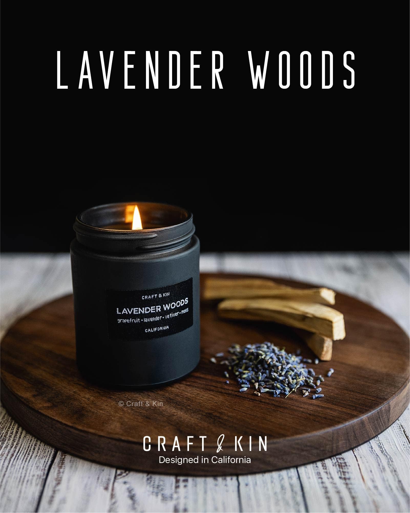 Craft & Kin Premium Lavender Woods Candle | Black Spring Scented Candles for Men | Long Lasting with 45 Hour Burn Time, 7.6oz | Made with Soy | Aromatherapy at Home | Gifts for Men