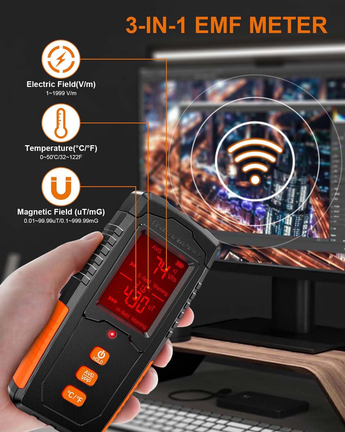 EMF Detector, Digital LCD EMF Meter, 3 in 1 Rechargeable Electromagnetic Field Radiation Detector, Ghost Hunting Equipment, Sensitive Tester Reader for Indoor & Outdoor EMF Inspection