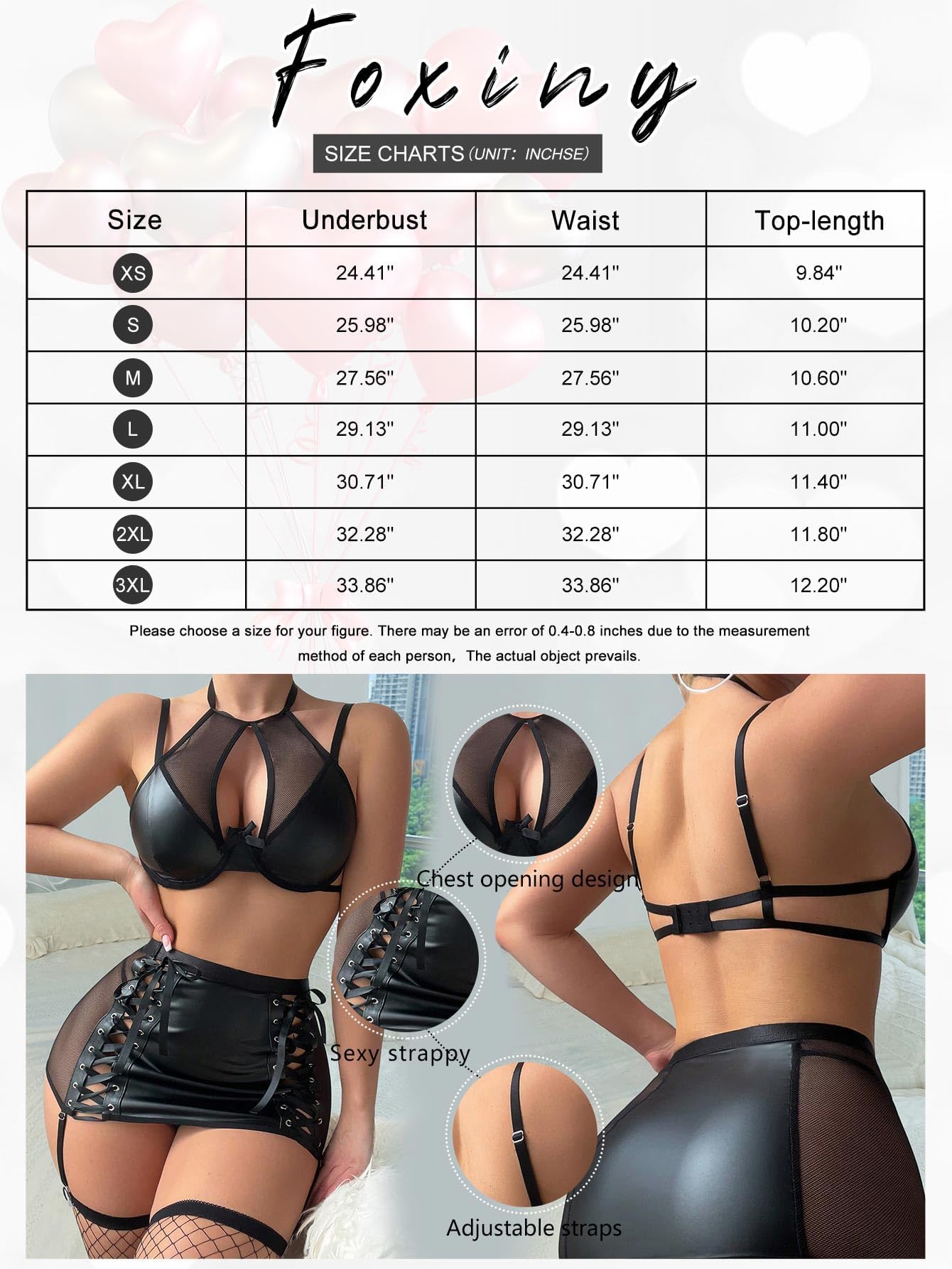 Foxiny Sexy Cutout Halter Underwire Leather Mesh Sheer Mini Skirt Stocking Lingerie Set 4 Piece Outfits: Small Black