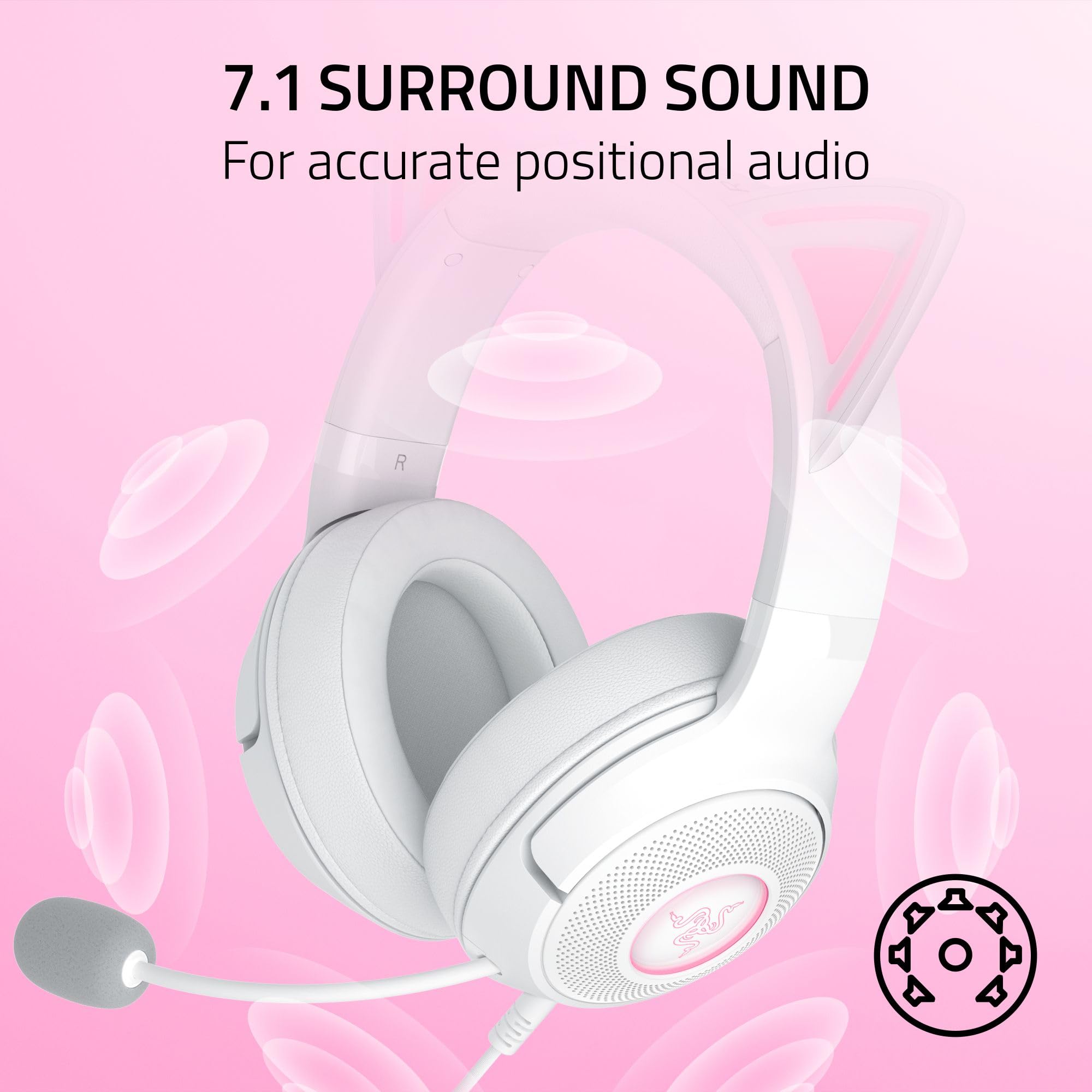 Razer Kraken Kitty V2 USB Wired Headset: Chroma RGB Kitty Ears - Stream Reactive Lighting - HyperClear Cardioid Mic - 40 mm Drivers - 7.1 Surround Sound - Comfortable Ear Cushions -: White