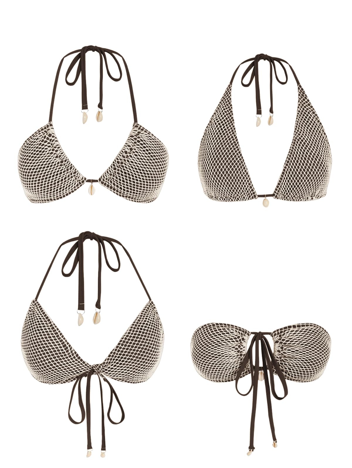 ZAFUL Women's Triangle Bikini Multiway Fishnet Tie Side Bandeau Halter String Bikini Set Two Piece Swimsuit Bathing Suits - Image 3