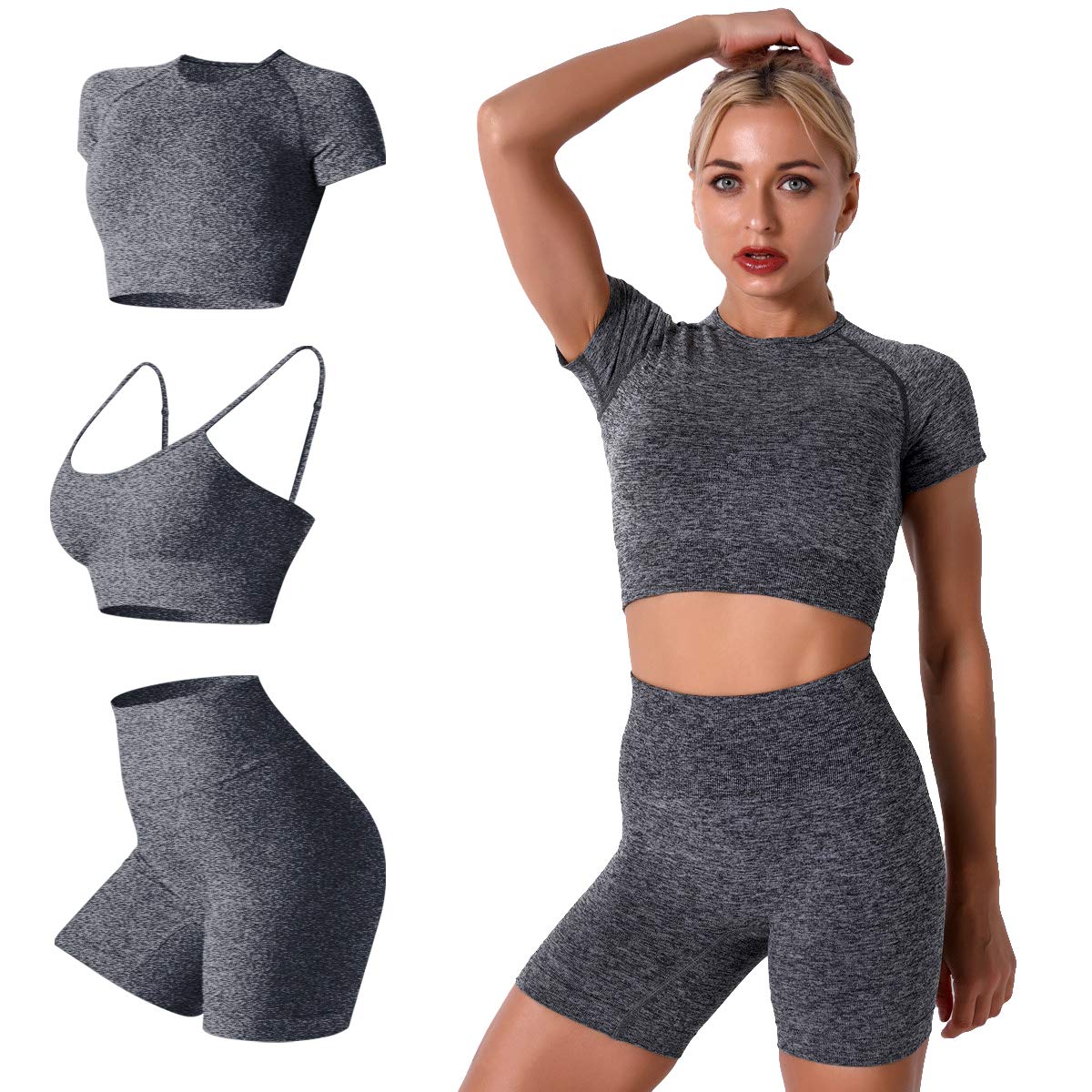 Women's Yoga Outfit Seamless Workout Set High Waist Exercise Shorts Pants with Sport Bra 3PCS Tracksuit Gym Tracksuits thumbnail 1