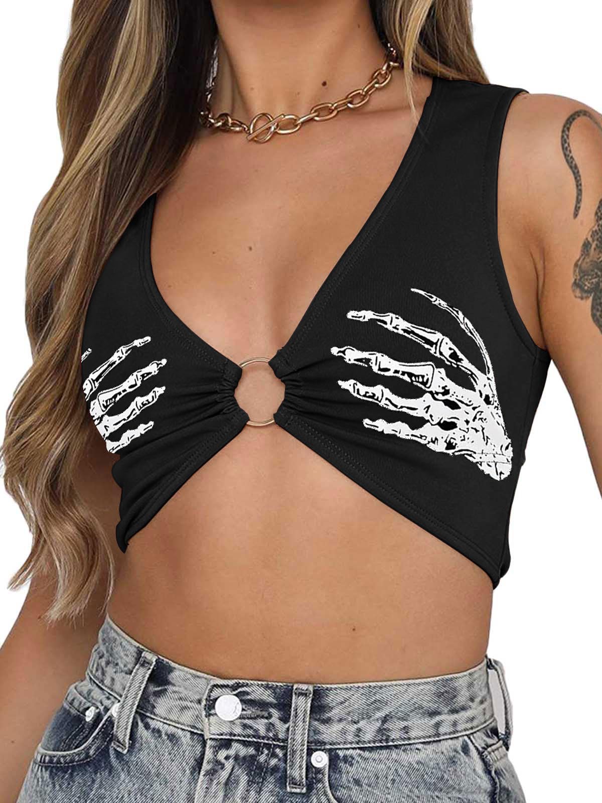 BEJONS Women Sexy Y2k Corset Like Crop Top Deep V Neck Bra Night Going Out Festival Rave Top: 01-black Halloween 01# Small