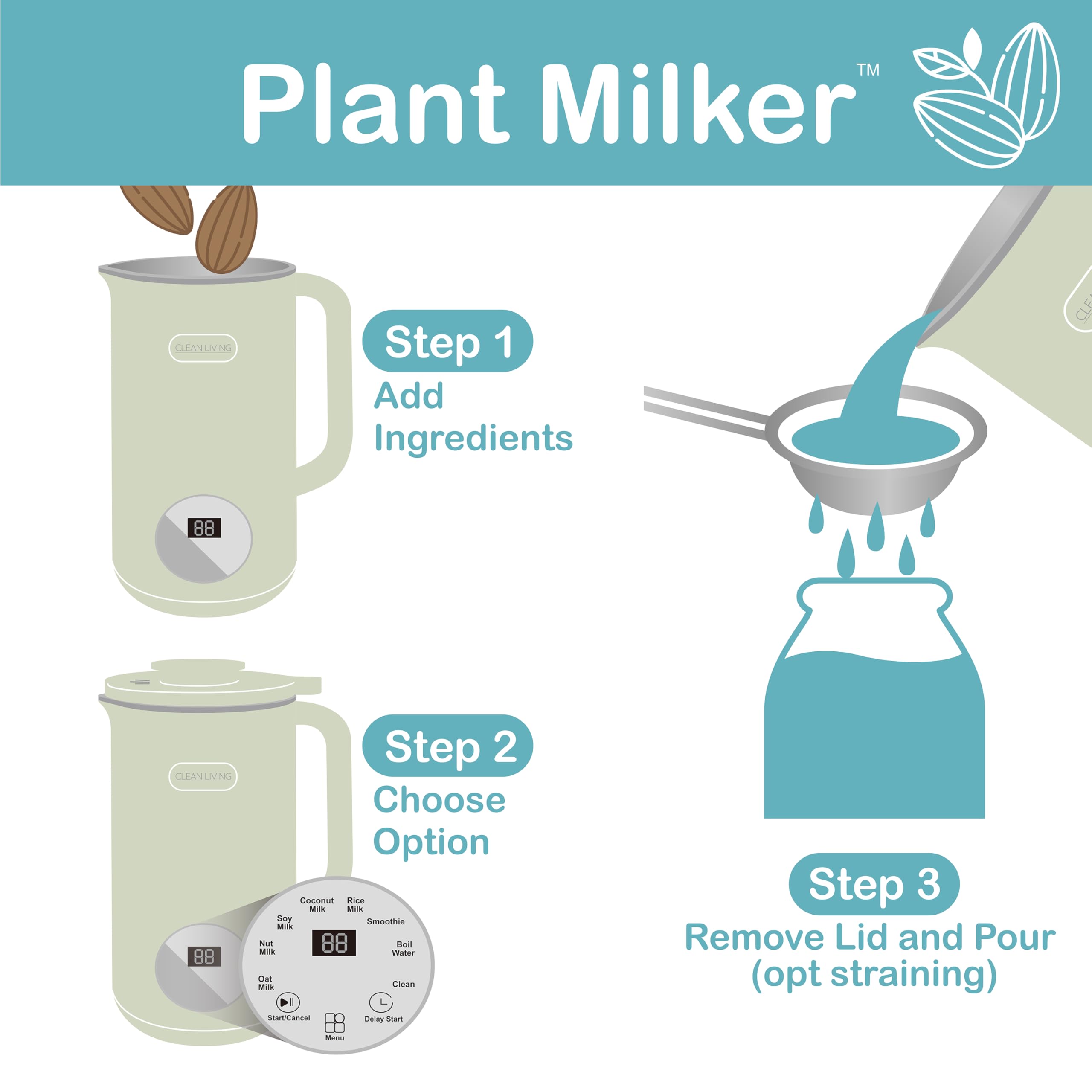 Clean Living With Michelle 1qt. Plant Milker, 8-in-1 Multi-Functional, Self-cleaning, Nut Milk Maker, Homemade Plant Milk Maker, Almond Milk Machine 33.8oz (): White