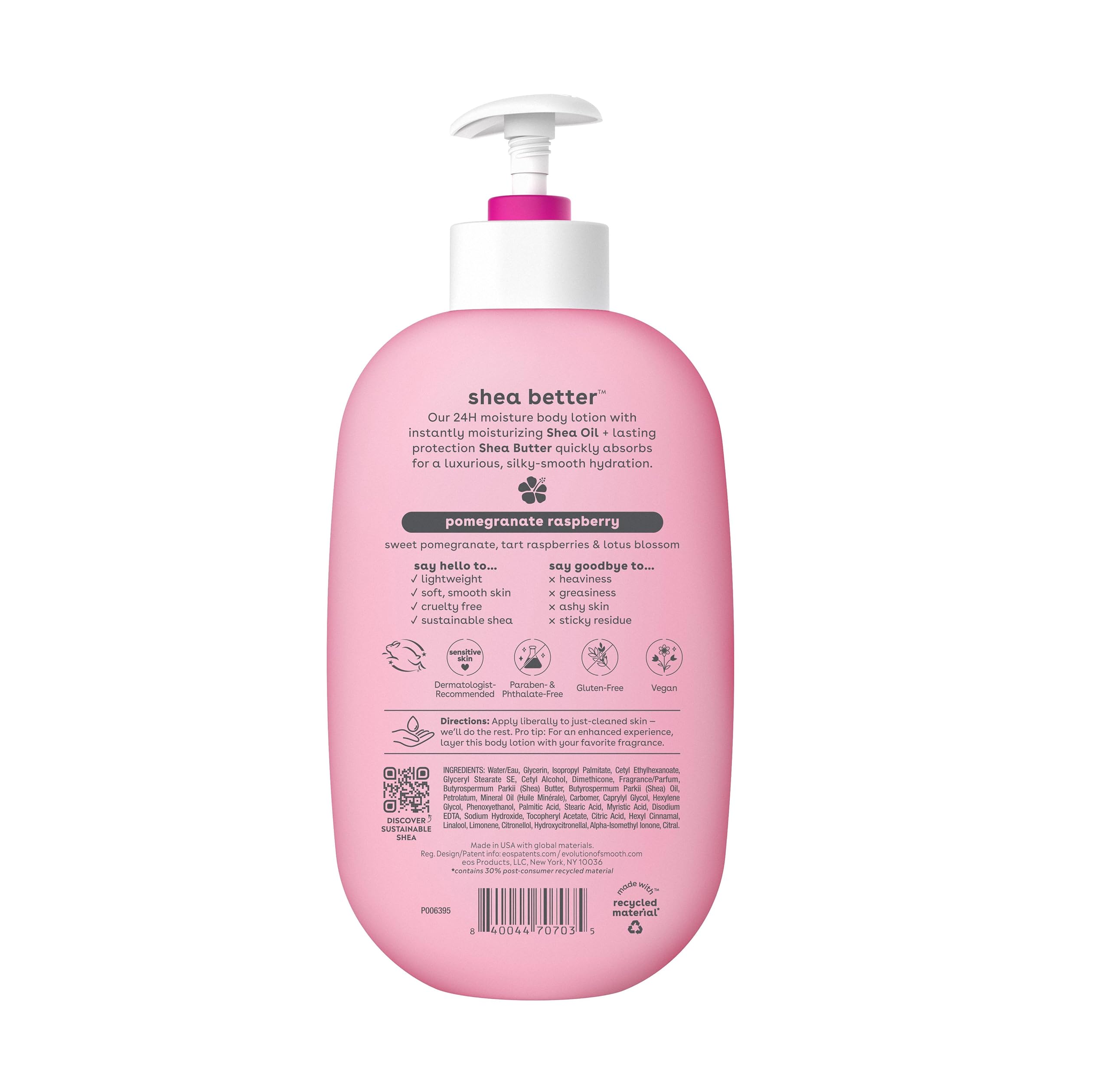 eos Shea Better Body Lotion Pomegranate Raspberry, 24-Hour Moisture Skin Care, Lightweight & Non-Greasy, Natural Shea, Vegan, 16 fl oz: Pomegranate Raspberry 16 Fl Oz (Pack of 1)