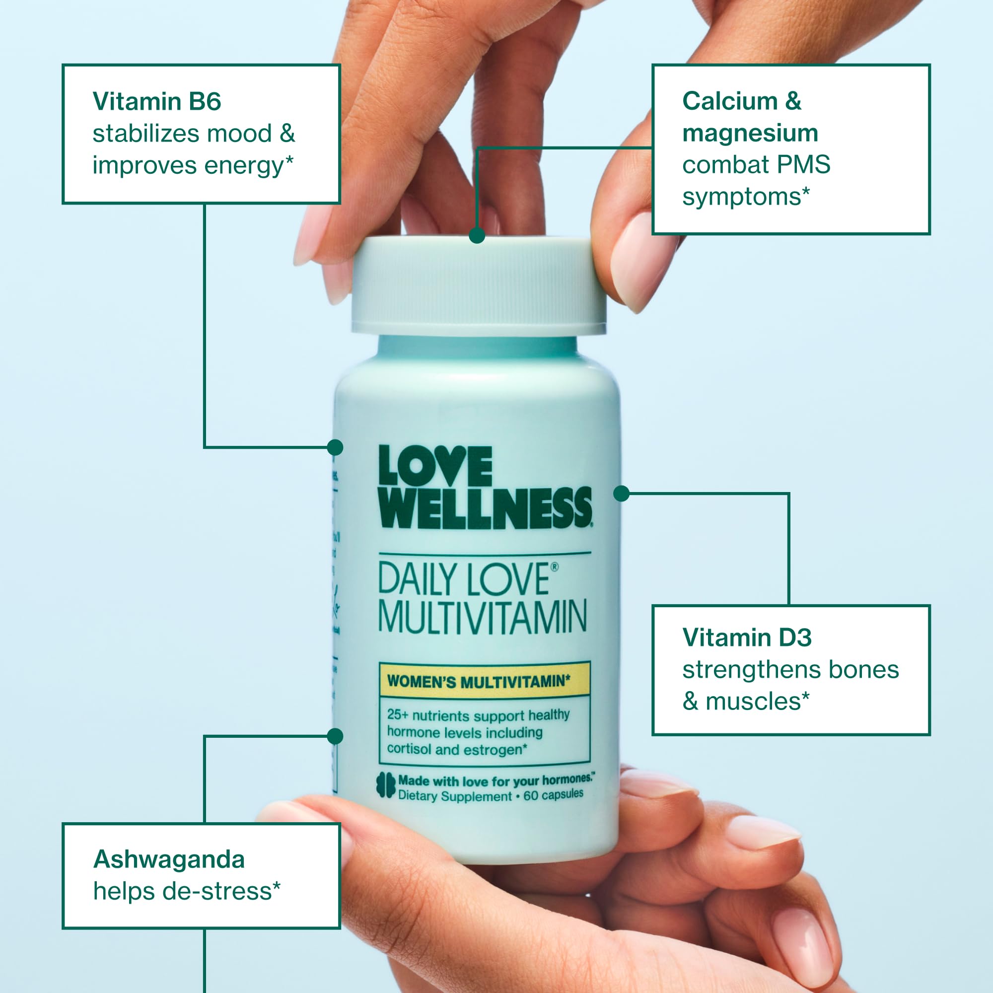 Love Wellness Daily Love Multivitamin for Women | Supports Energy, Cortisol, Immune Health, Stress Relief, & PMS | Complete with Vitamin D, C, Iron, Calcium, Zinc, & Biotin, Magnesium | 60 Count: Love Wellness Daily Love Multivitamin for Women | Supports Energy, Cortisol, Immune Health, Stress Relief, & PMS | Complete with Vitamin D, C, Iron, Calcium, Zinc, & Biotin, Magnesium | 60 Count