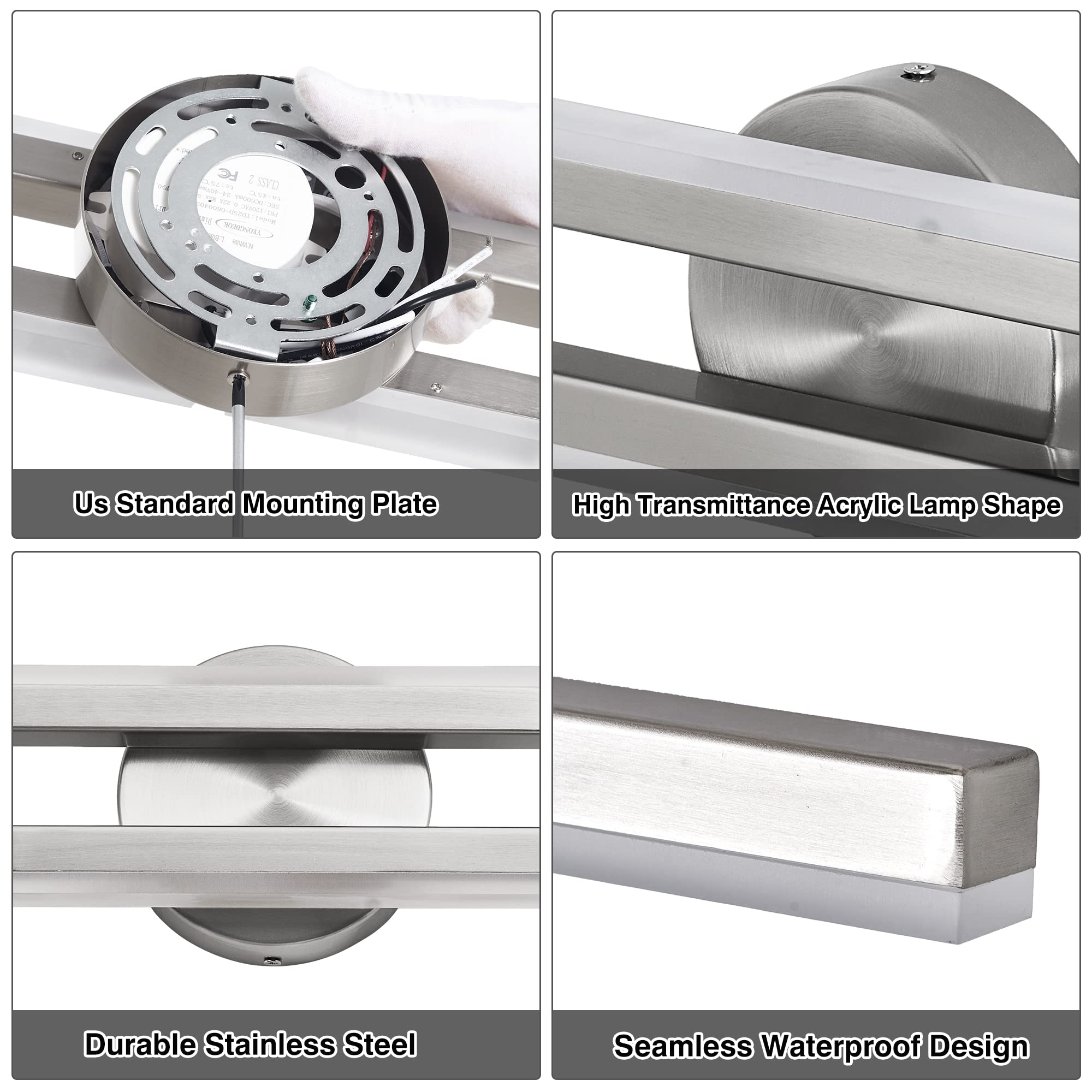 KAMLAM 24" Modern Led Bathroom Vanity Light 2 Light, Dimmable Over Mirror Vanity Lighting Bar Rotatable, 24W Cool White 5000K, Adjustable Nickel Vanity Light Fixture for Bedroom: Silver 24in 2-Light